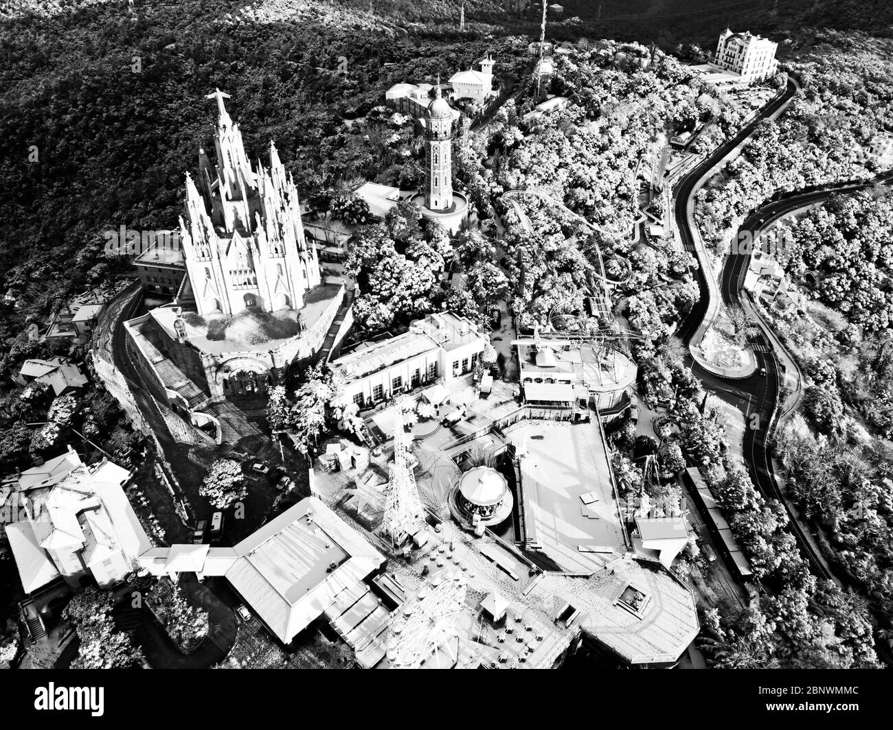 Collserola mountain Tibidabo Amusement Park and athe Expiatory temple of the Sacred Heart erial view Barcelona Catalonia Spain Stock Photo