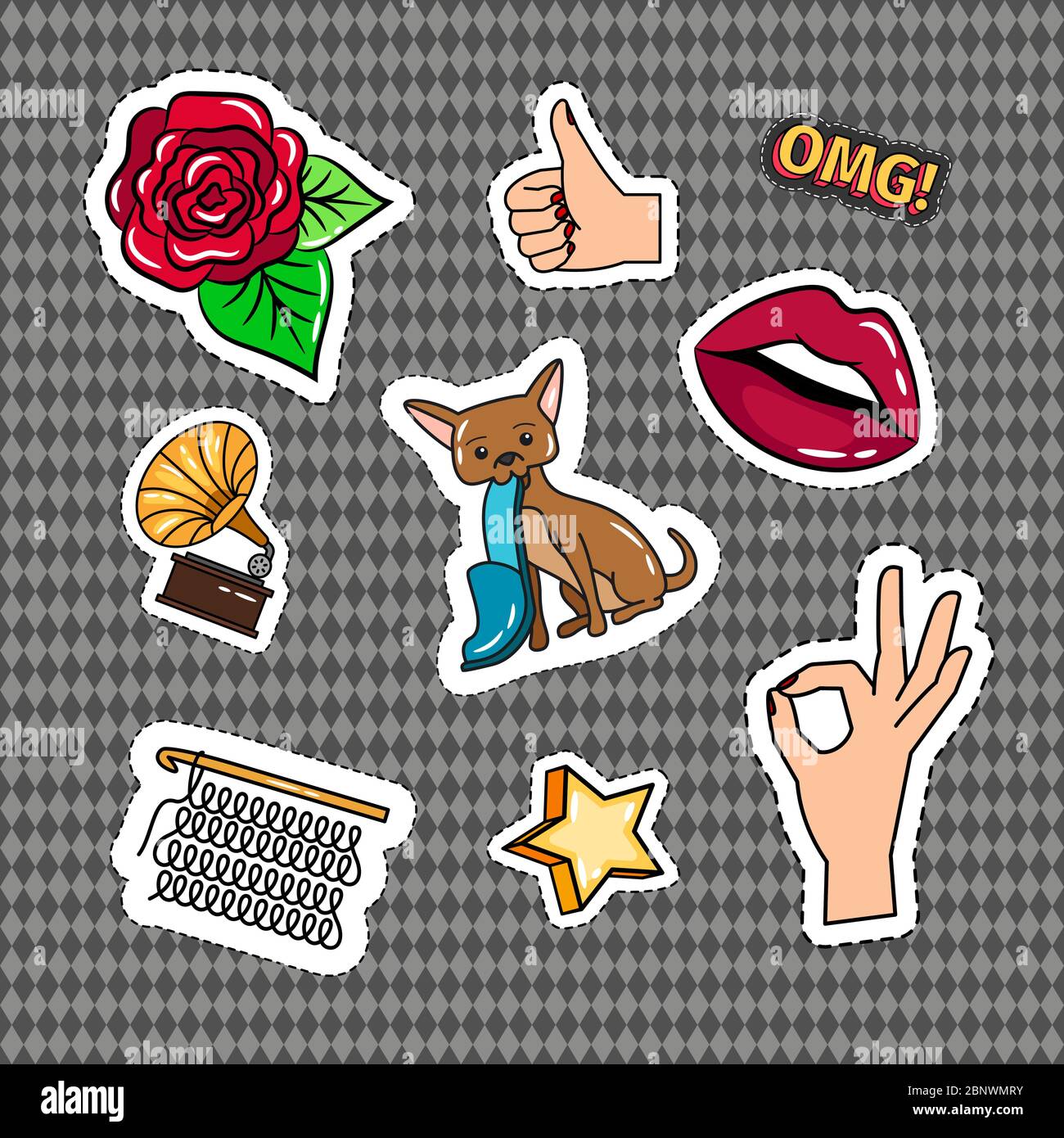 Vector Set of Cute Funny Patches and Stickers in 90s Style.Modern