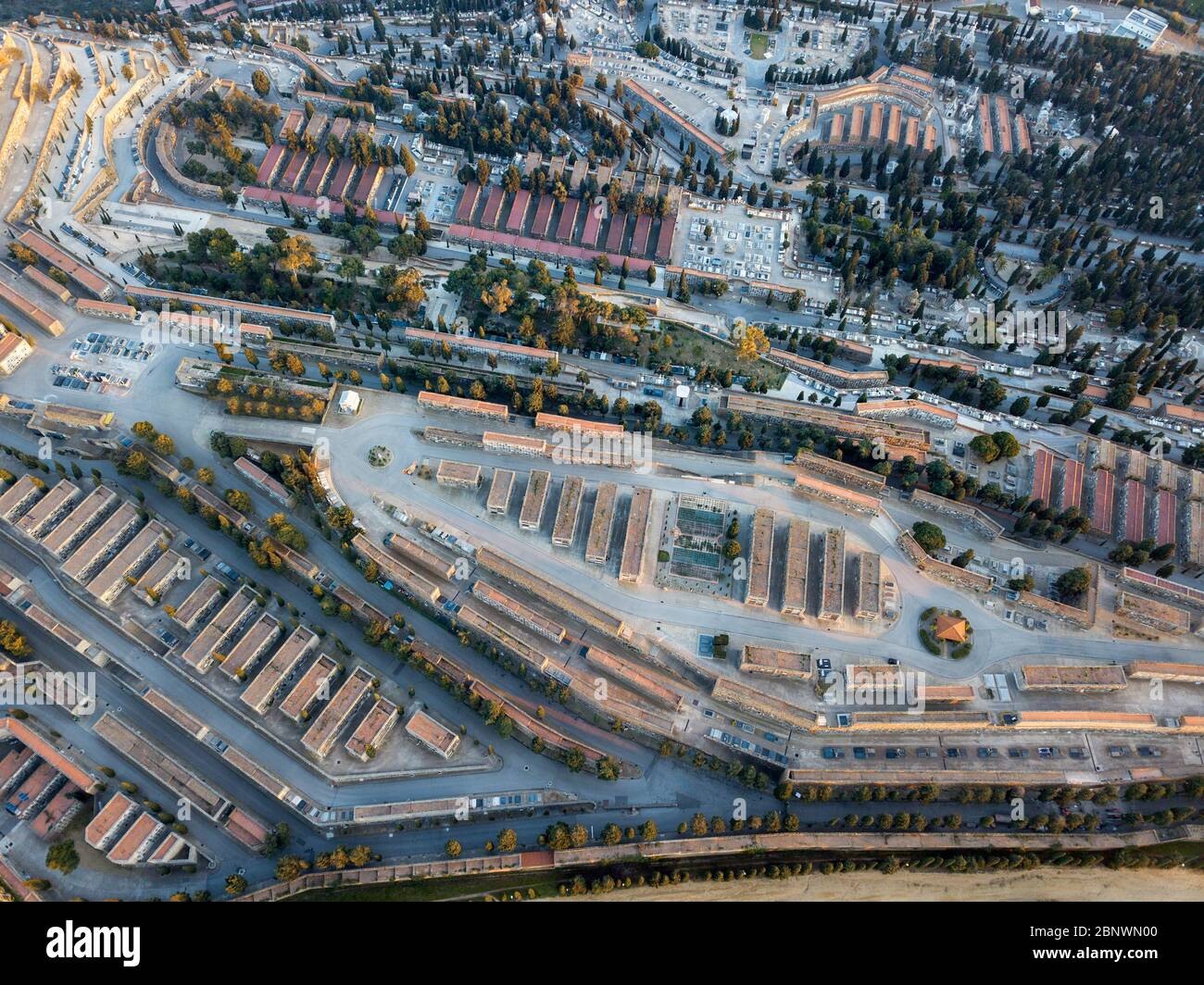 Aerial view of graves on the Montjuic Cemetery Barcelona Catalonia Spain.  The Cementiri de Montjuïc, the cemetery on the hill of Barcelona, is a very Stock Photo
