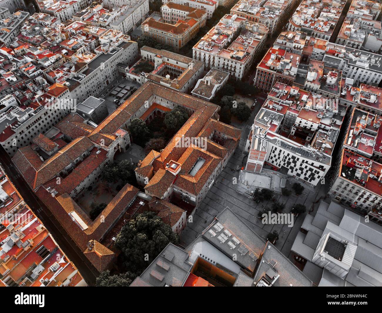 Aerial view of the Antiguo Hospital de la Santa Creu old Saint Cross Hospital 15th century now Library of Catalonia town of Barcelona Catalonia Spain. Stock Photo