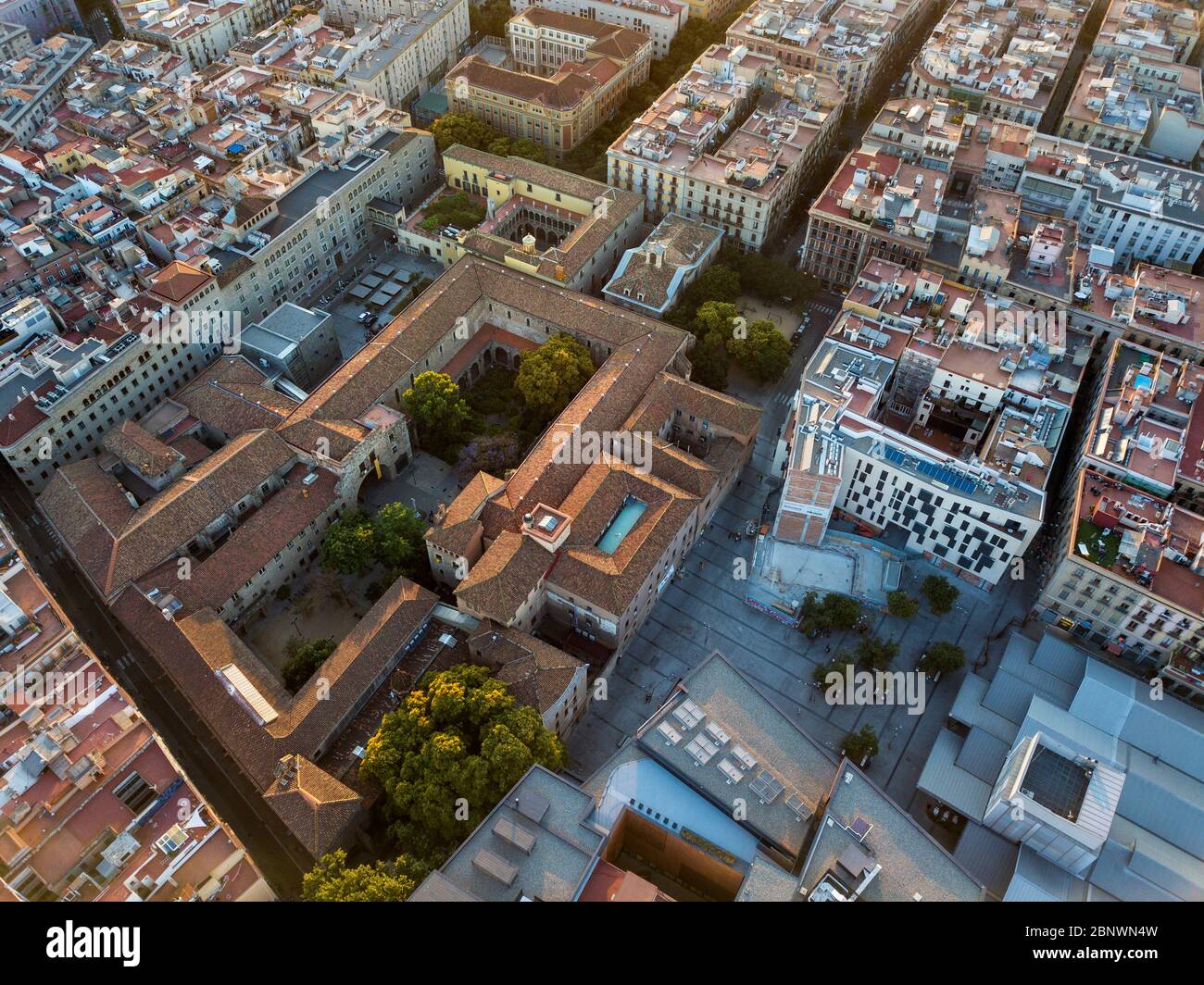 Aerial view of the Antiguo Hospital de la Santa Creu old Saint Cross Hospital 15th century now Library of Catalonia town of Barcelona Catalonia Spain. Stock Photo