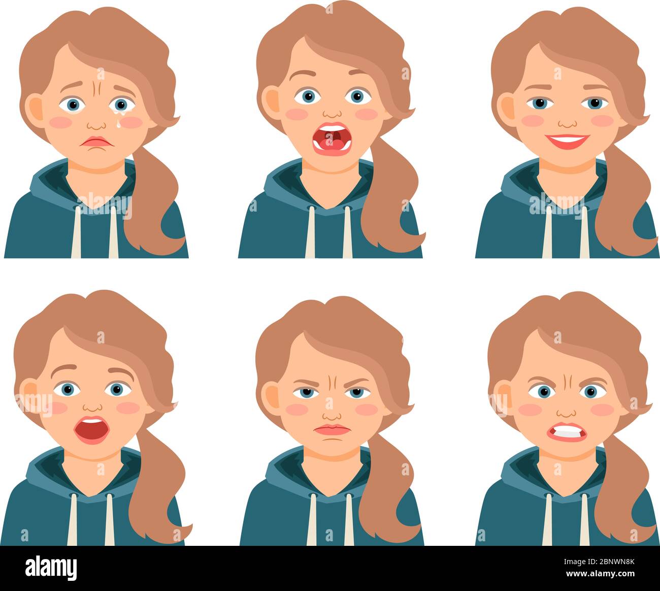 Little kid girl face expressions isolated on white background. Frowning and frightened, afraid and angry girls cartoon emotions. Vector illustration Stock Vector