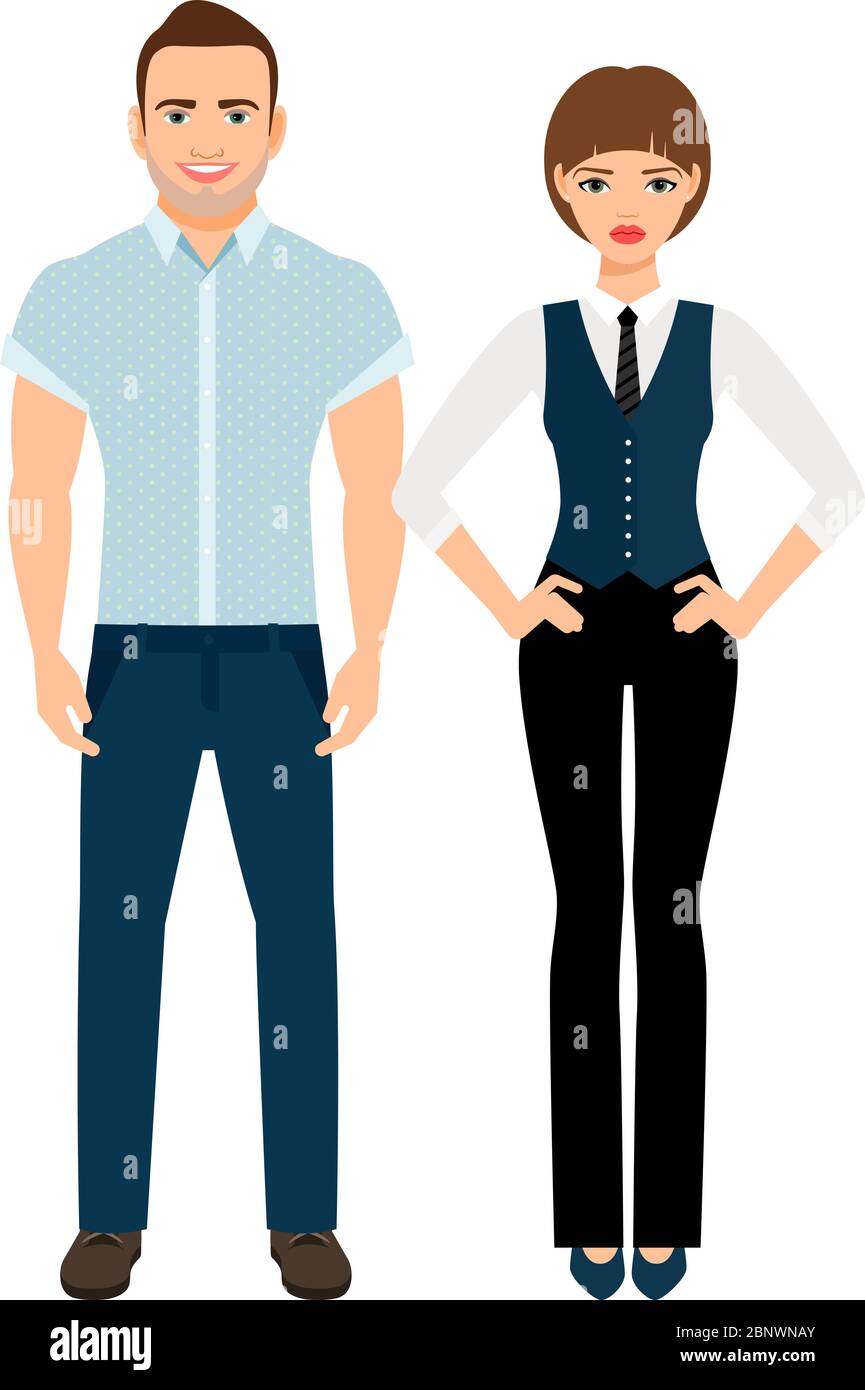 Fashion elegant couple. Man in polo shirt and woman in vest and trousers on white background. Vector illustration Stock Vector