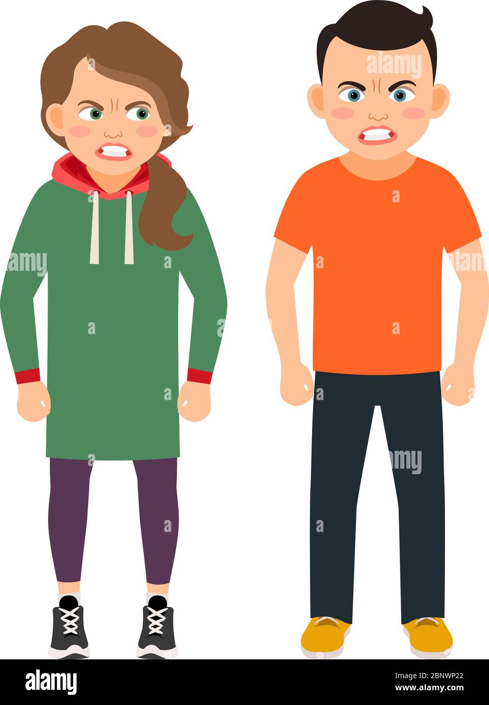 Arguing brother and sister characters vector illustration. Angry kids isolated on white background Stock Vector