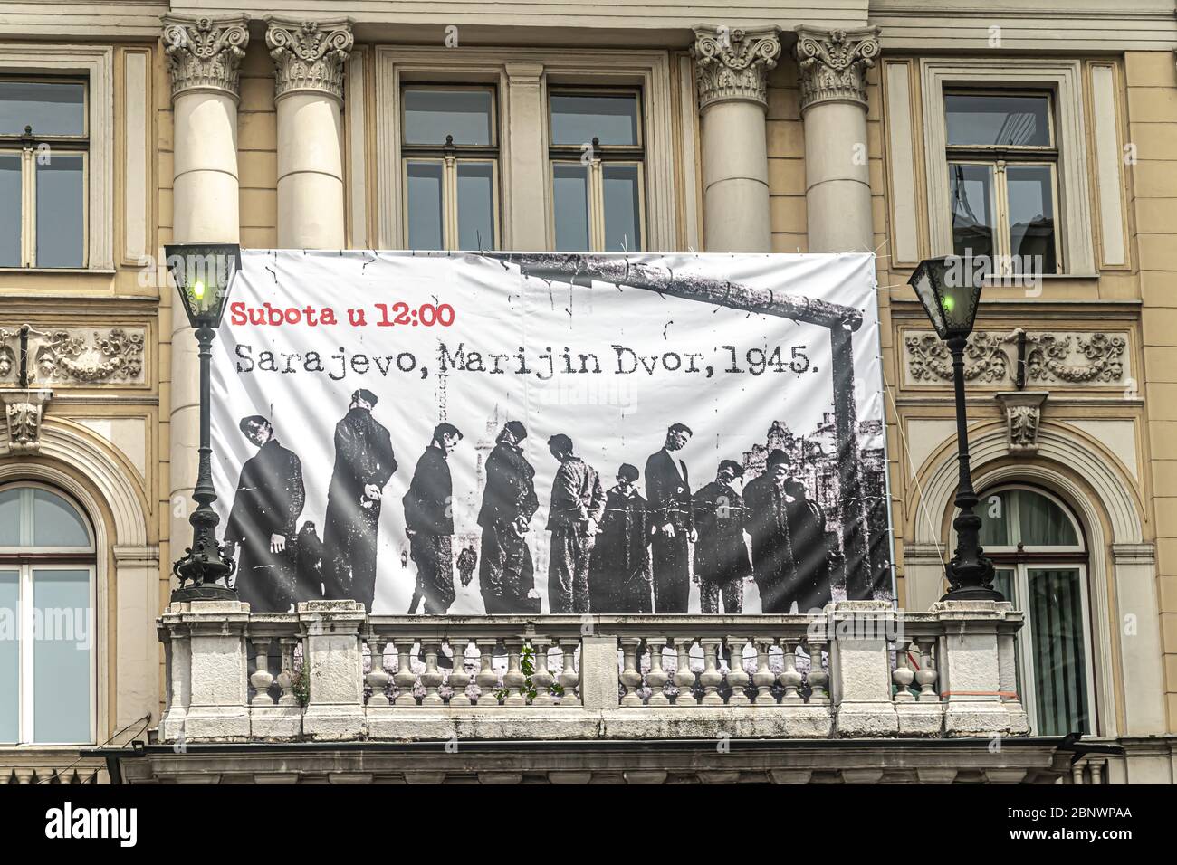 Anti-fascist protest in Sarajevo. A banner reminiscent of the NDH (The Independent State of Croatia) cruelty  in Sarajevo during 1945 Stock Photo