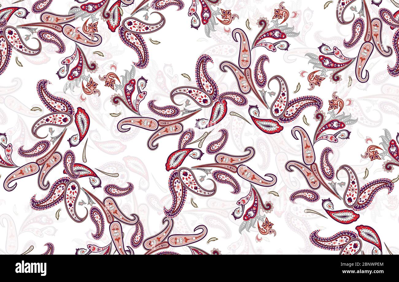 Seamless paisley pattern, ornamental paisley print for textile, wrapping, fabric on white background. Stock Photo