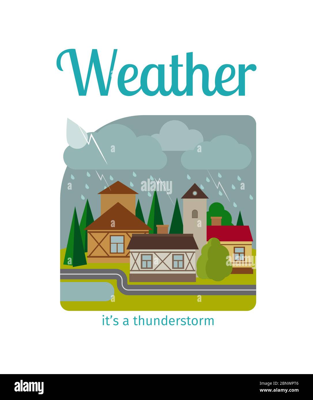 Different weather in the town vector illustration. Its a thunderstorm Stock Vector