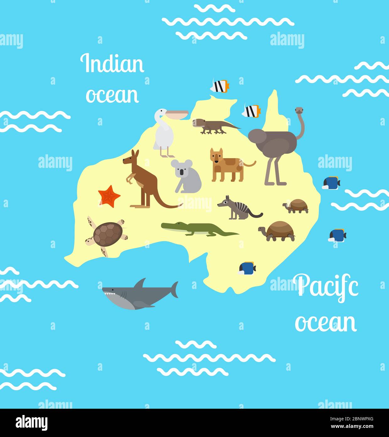 Animals world map for children. Australia. Vector illustration Stock Vector