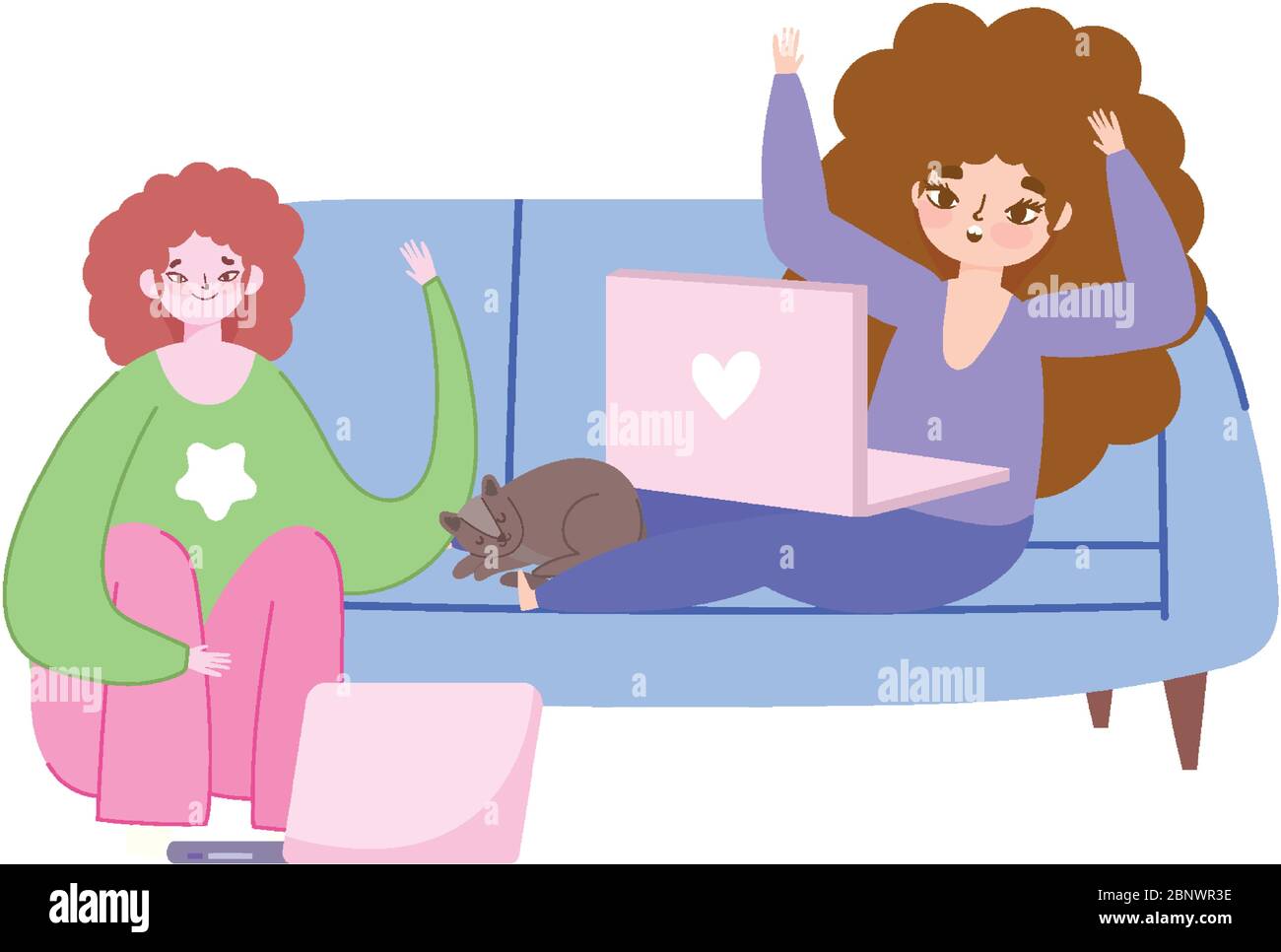 working remotely, young women sitting on sofa and floor with laptop and ...