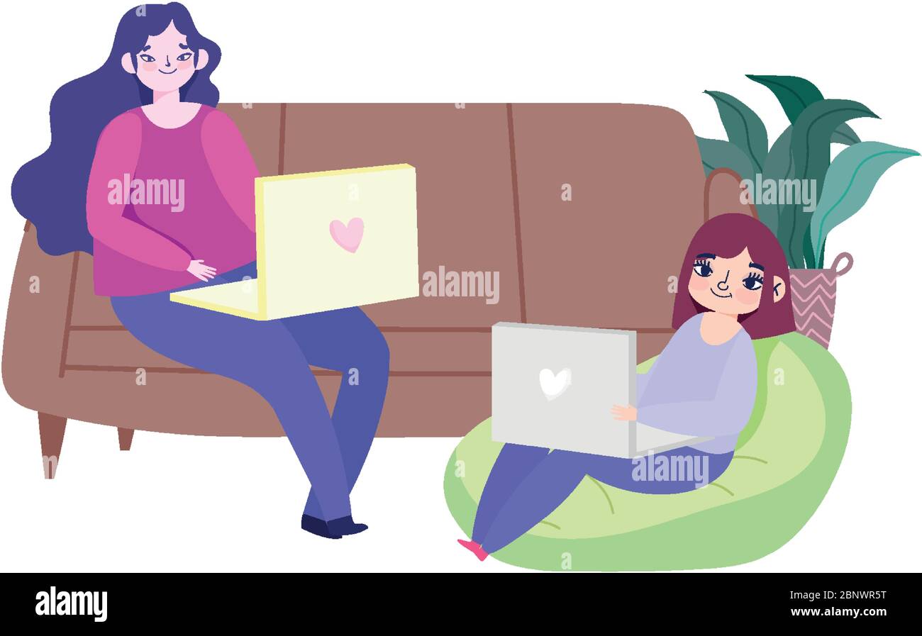 working remotely, young women using laptop on sofa and chair vector ...
