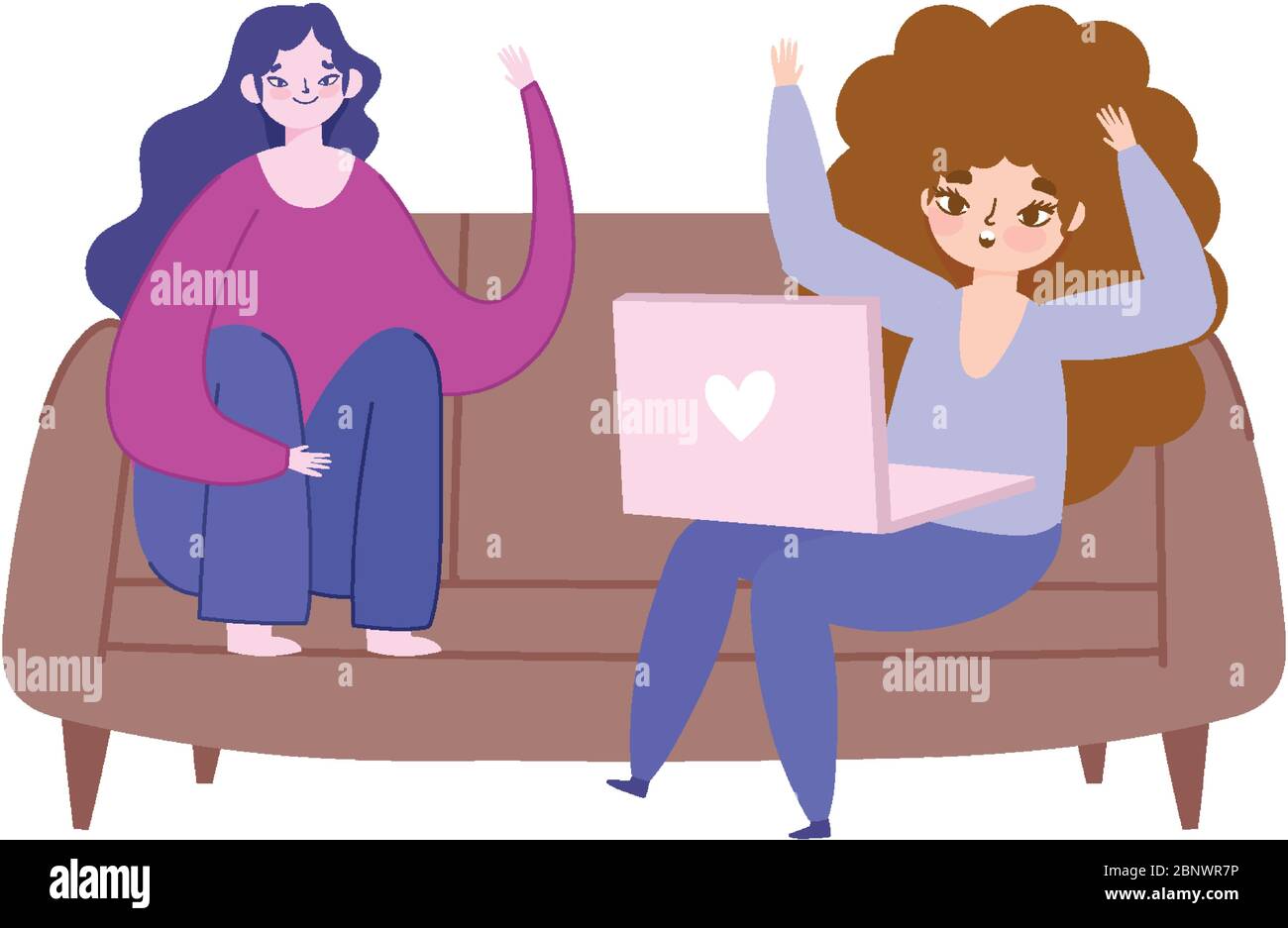 working remotely, young women with laptop sitting on sofa furniture ...