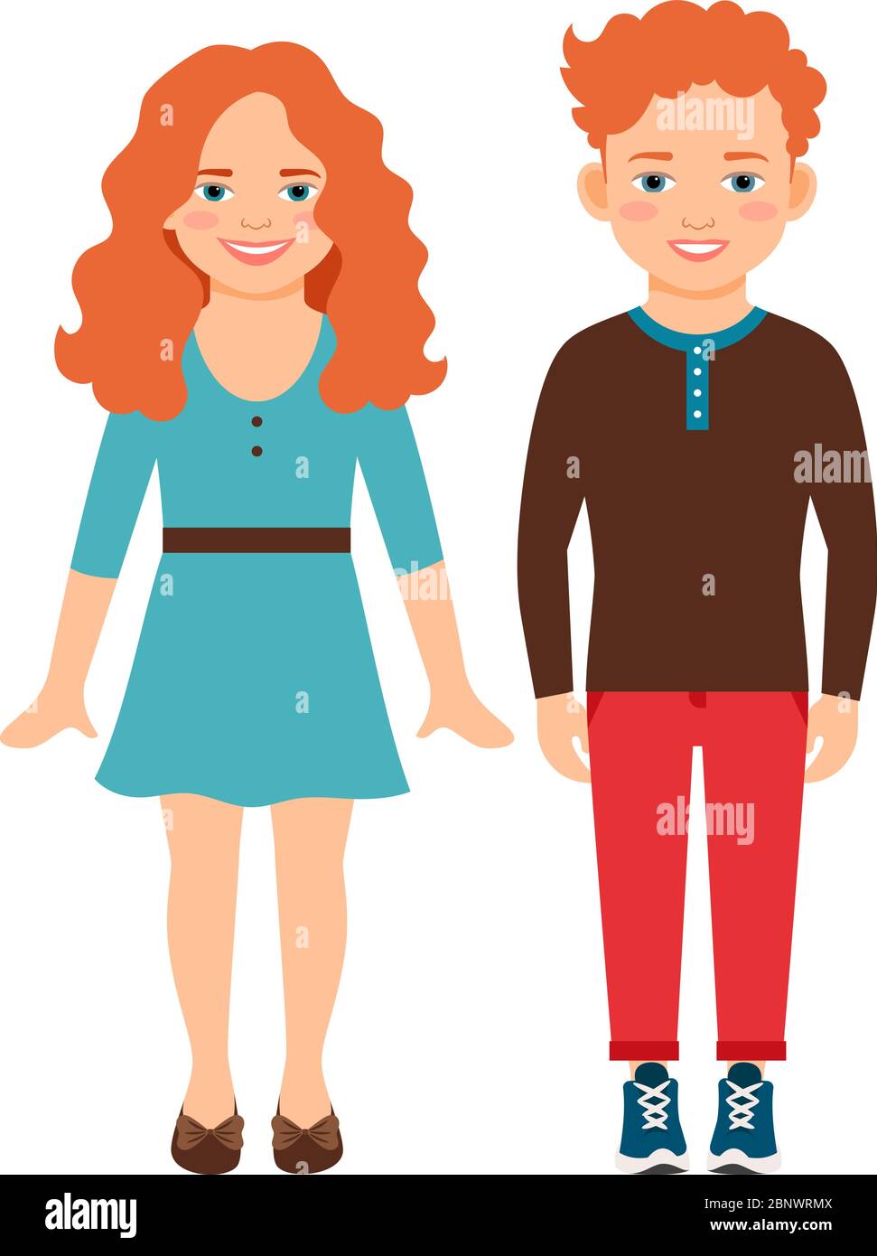 Happy smiling red haired children vector illustration. Innocent sly redhead girl and boy isolated on white background Stock Vector