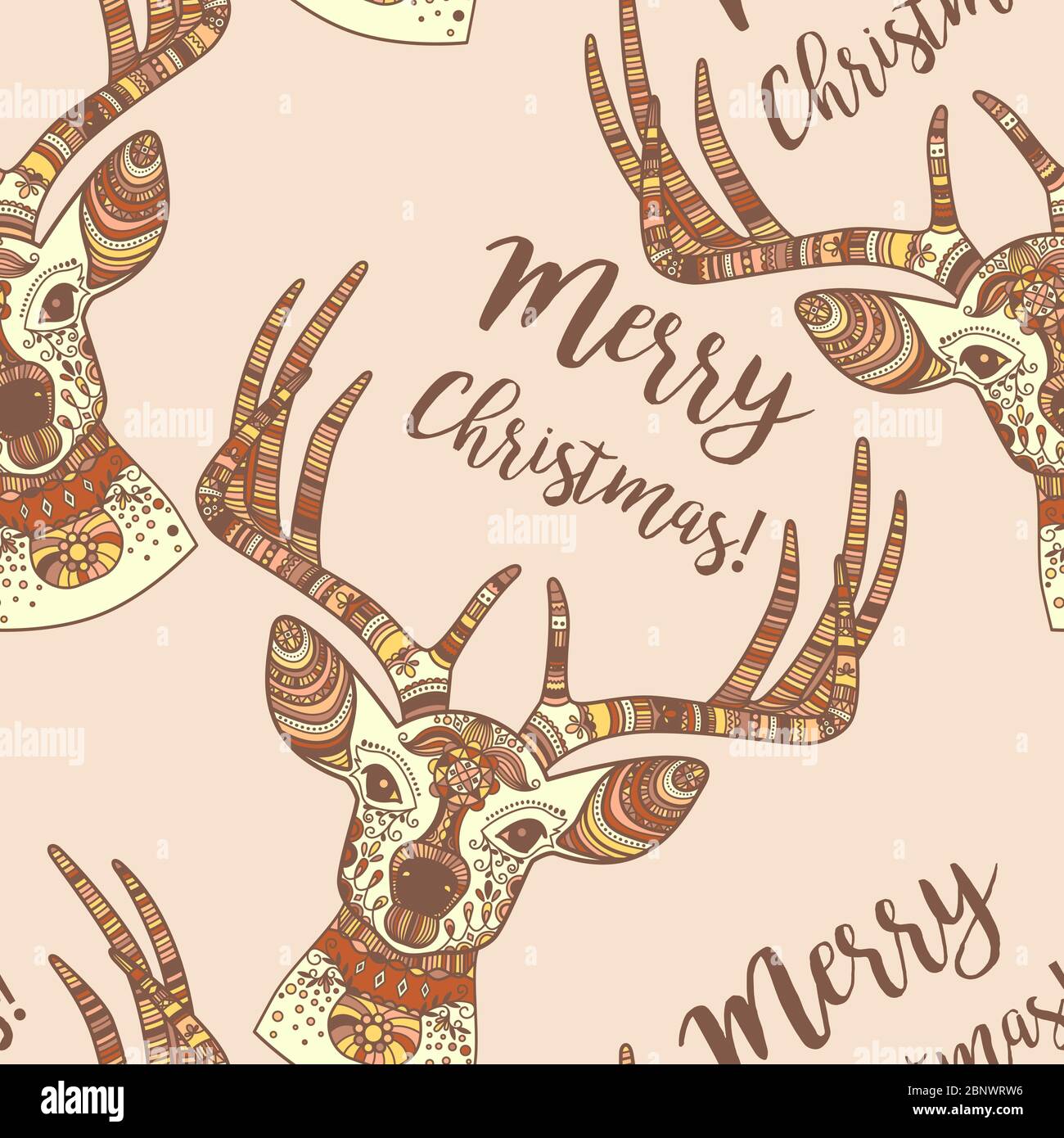 Hand drawn doodle deer face, Merry Christmas seamless pattern. Vector illustration Stock Vector
