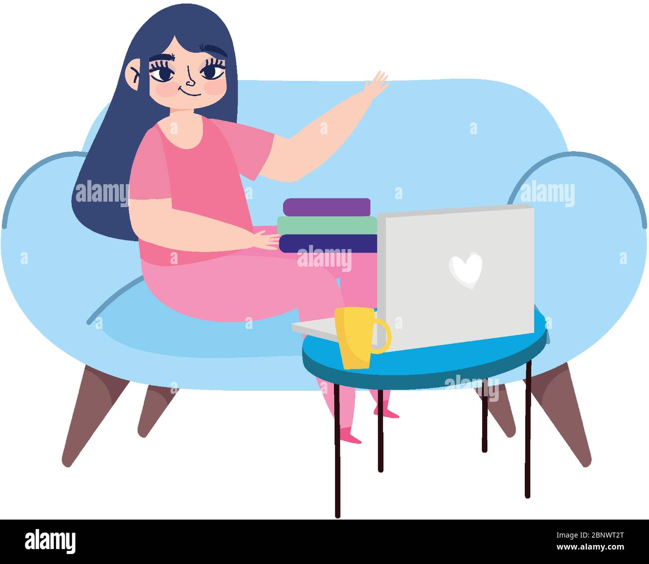 working remotely, young woman with laptop books on sofa vector ...
