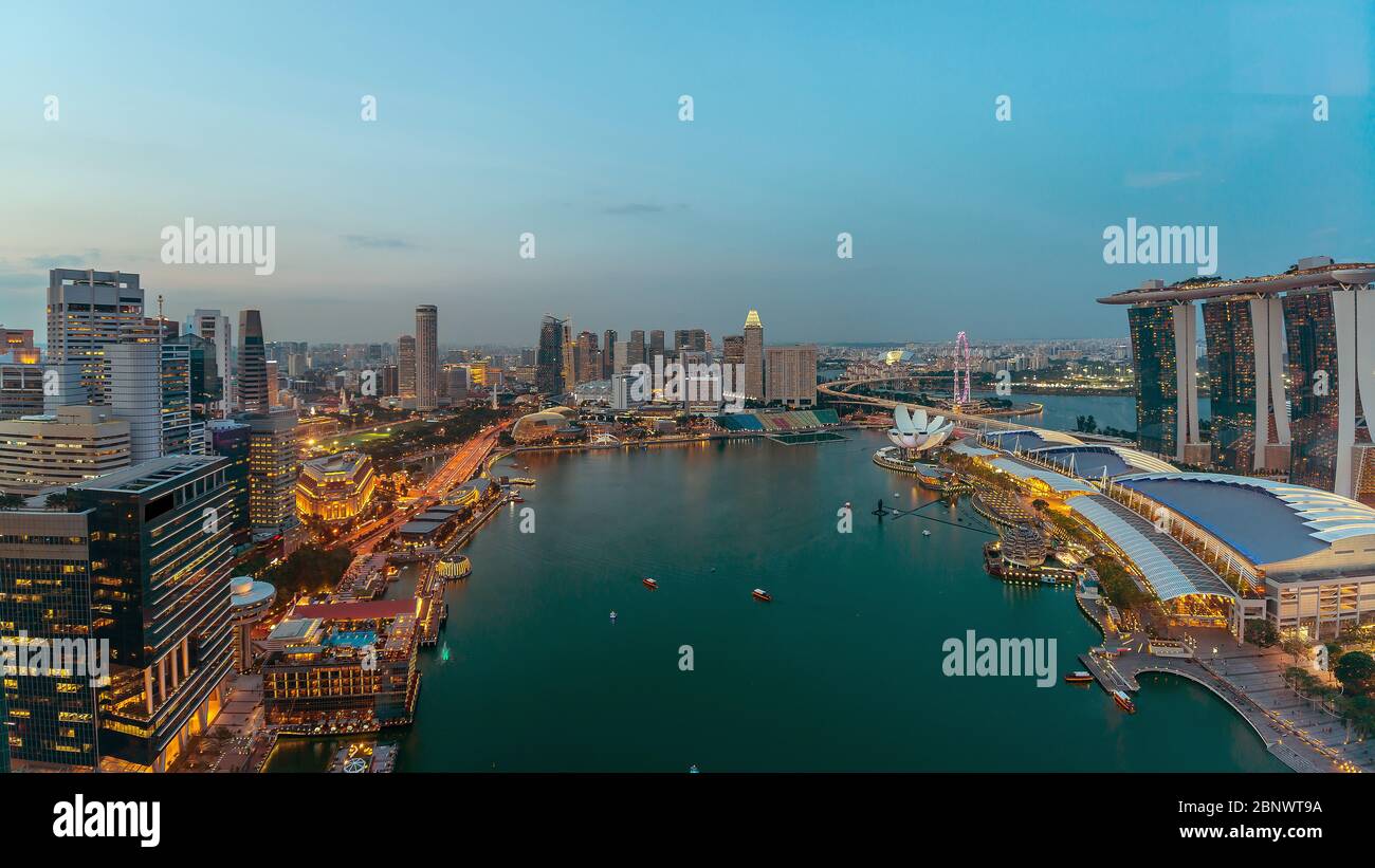 Singapore Marina Bay Area Skyline View. by night from Level 33 craft brewery Stock Photo