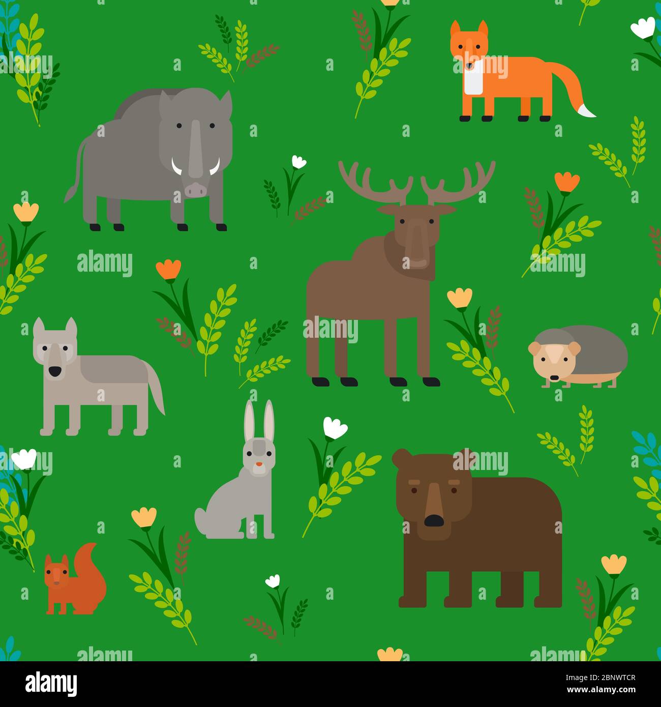 Animals Seamless Pattern Flat Design On Green Background Stock Vector