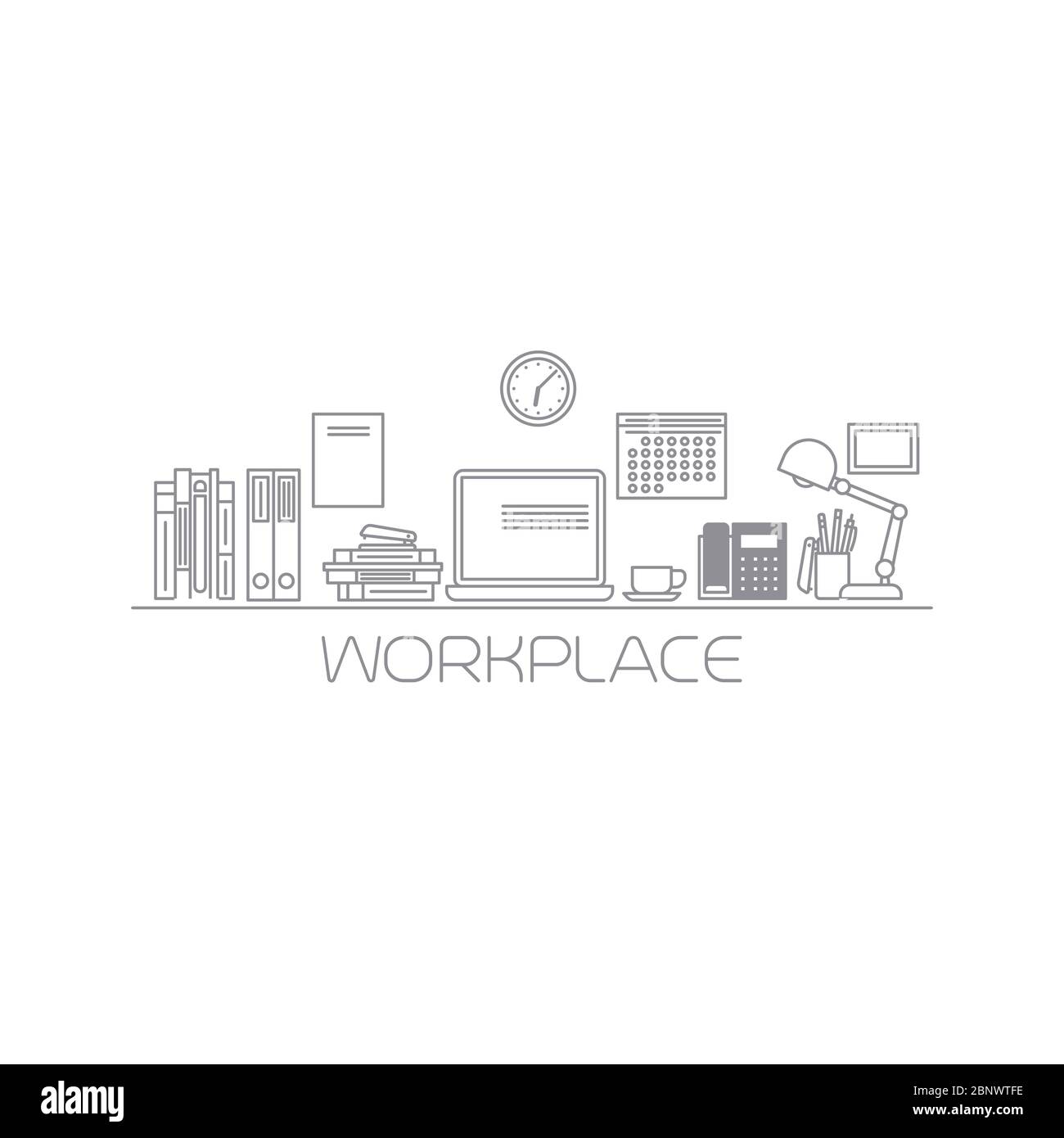 Workplace mono color thin line art vector illustration Stock Vector
