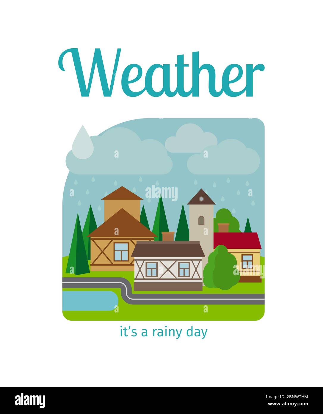 Different weather in the town illustration. Its a rainy day vector illustration Stock Vector
