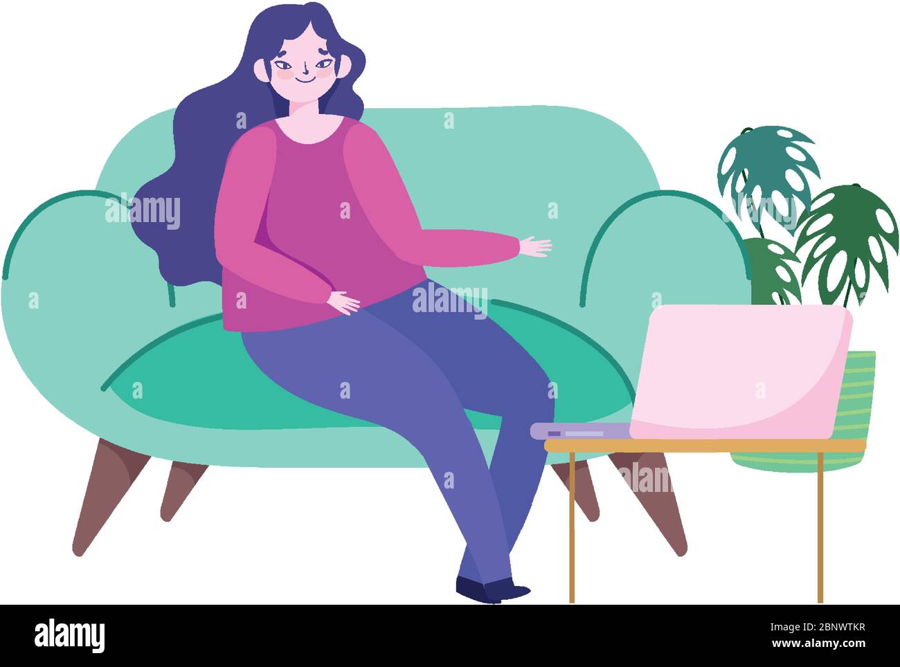 working remotely, young woman sitting on sofa with laptop plant vector ...