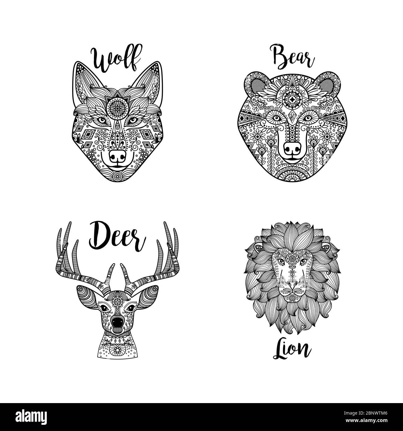Black hand drawn vector lion, wolf, deer and bear heads with ethnic floral pattern Stock Vector