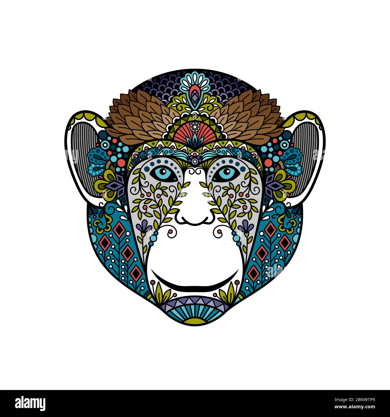 Colorful hipster monkey head isolated on white. Vector illustration Stock Vector