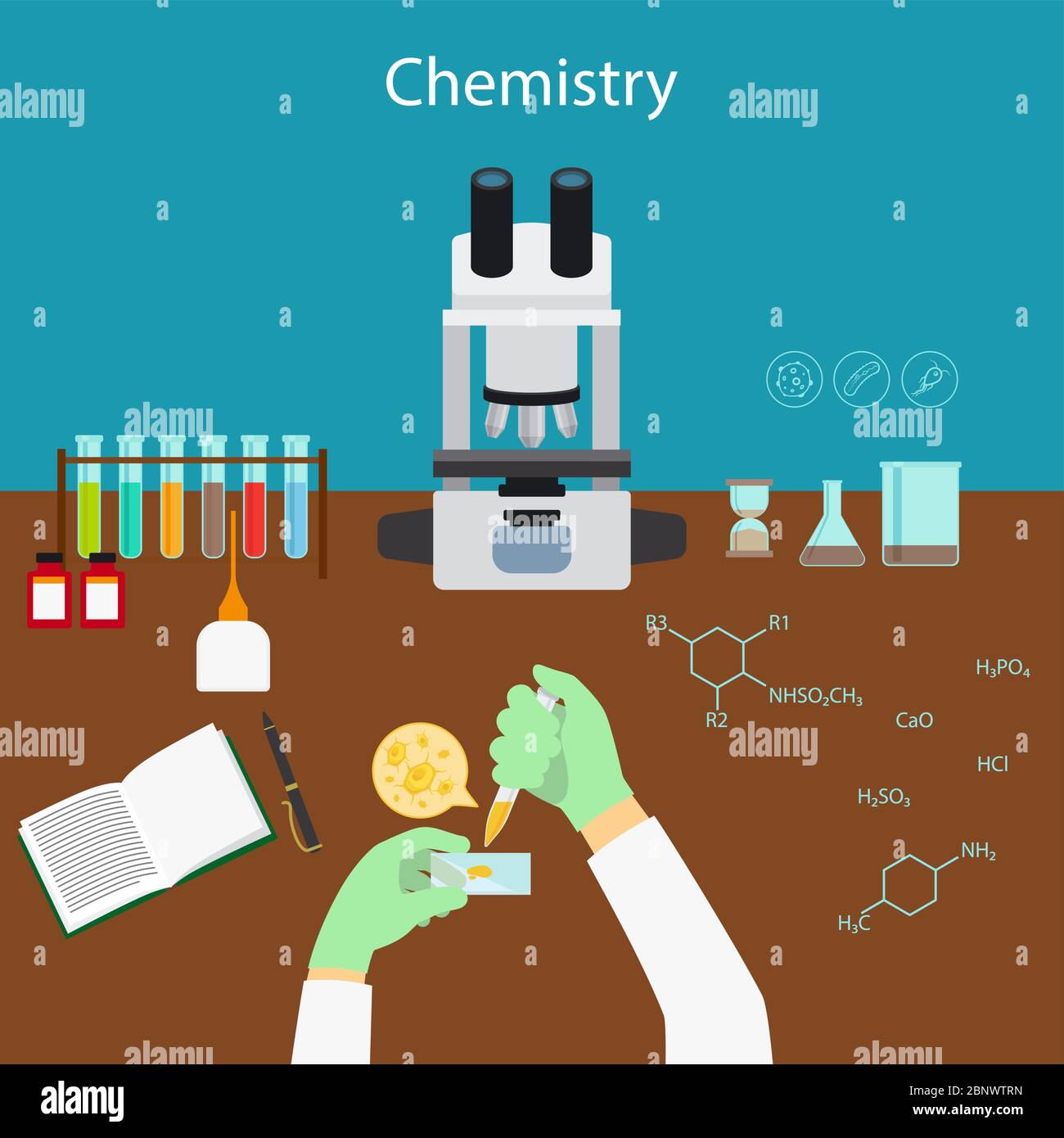 Chemistry research in laboratory cartoon vector illustration with icons