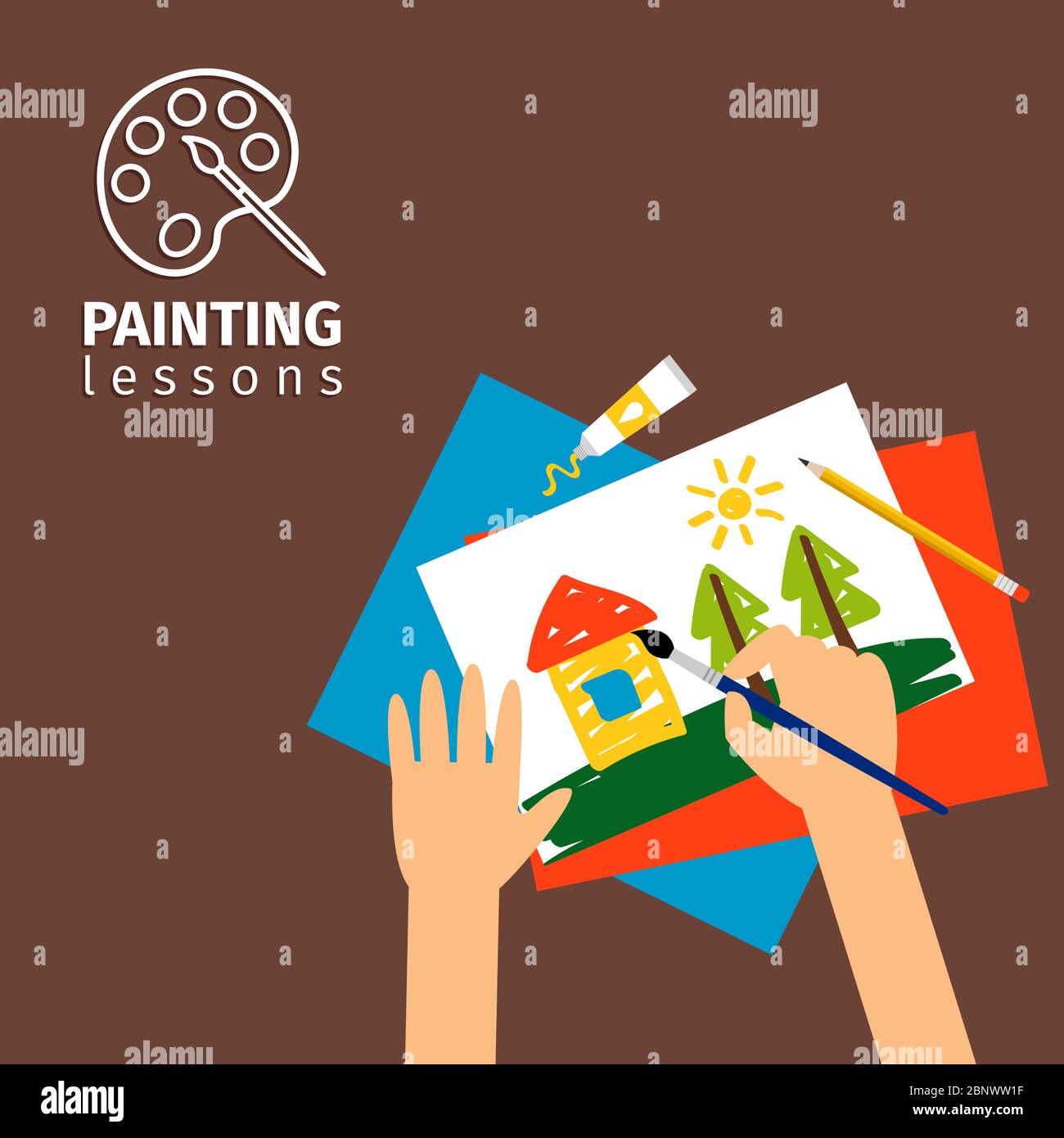 Kids painting lessons vector illustration. Kids hands with paintbrush