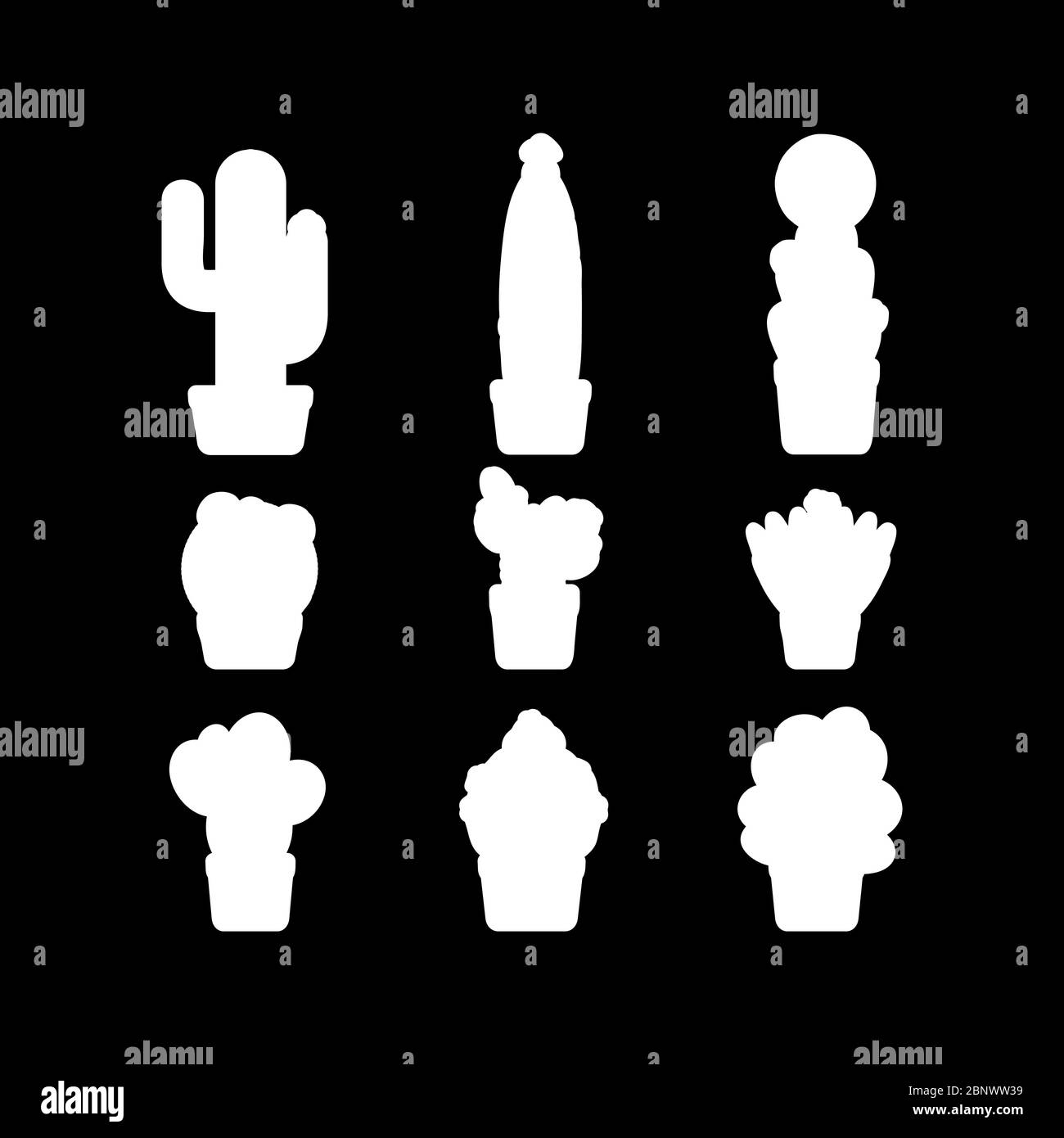 Cactus white silhouettes set on the black background. Vector illustration Stock Vector