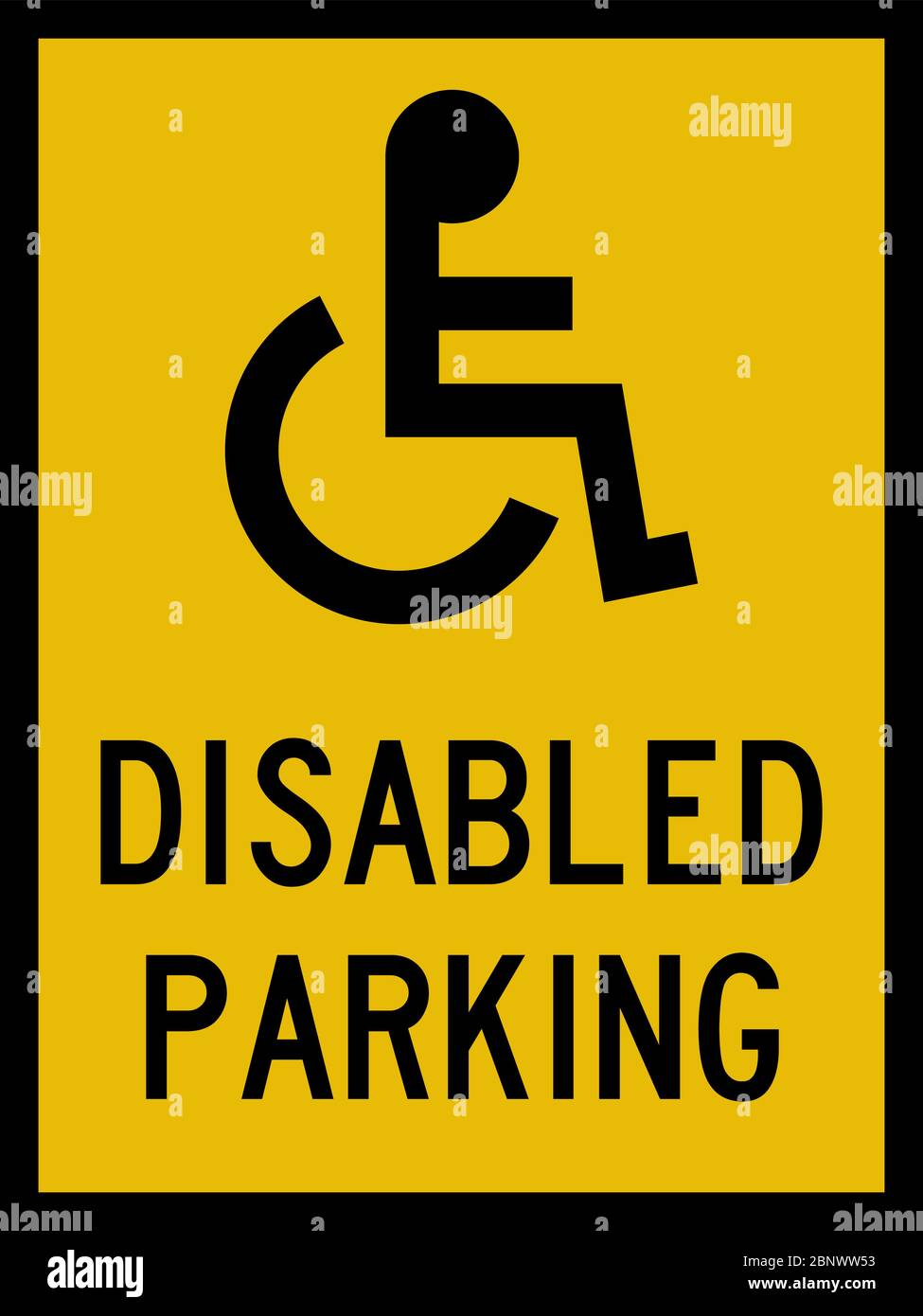 Disabled parking caution sign. Black on Yellow. Wheelchair person. Stock Vector