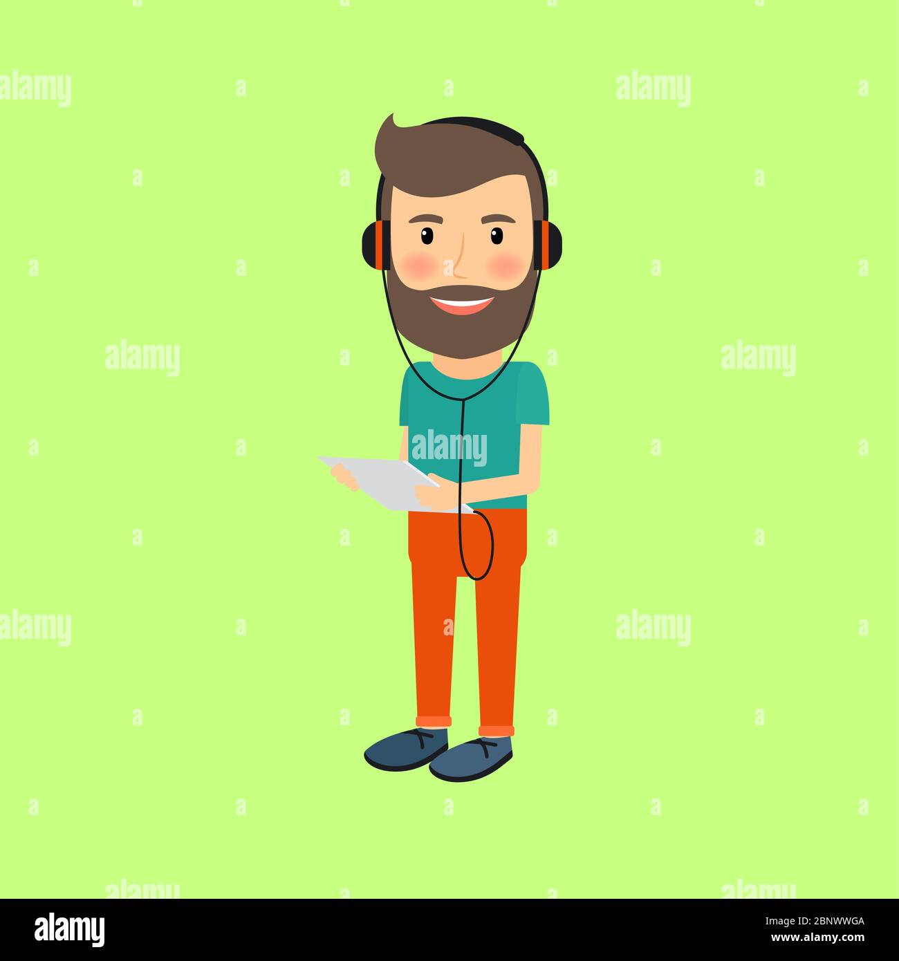 Cartoon illustration of hipster man with gadget and headphones. Vector icon Stock Vector