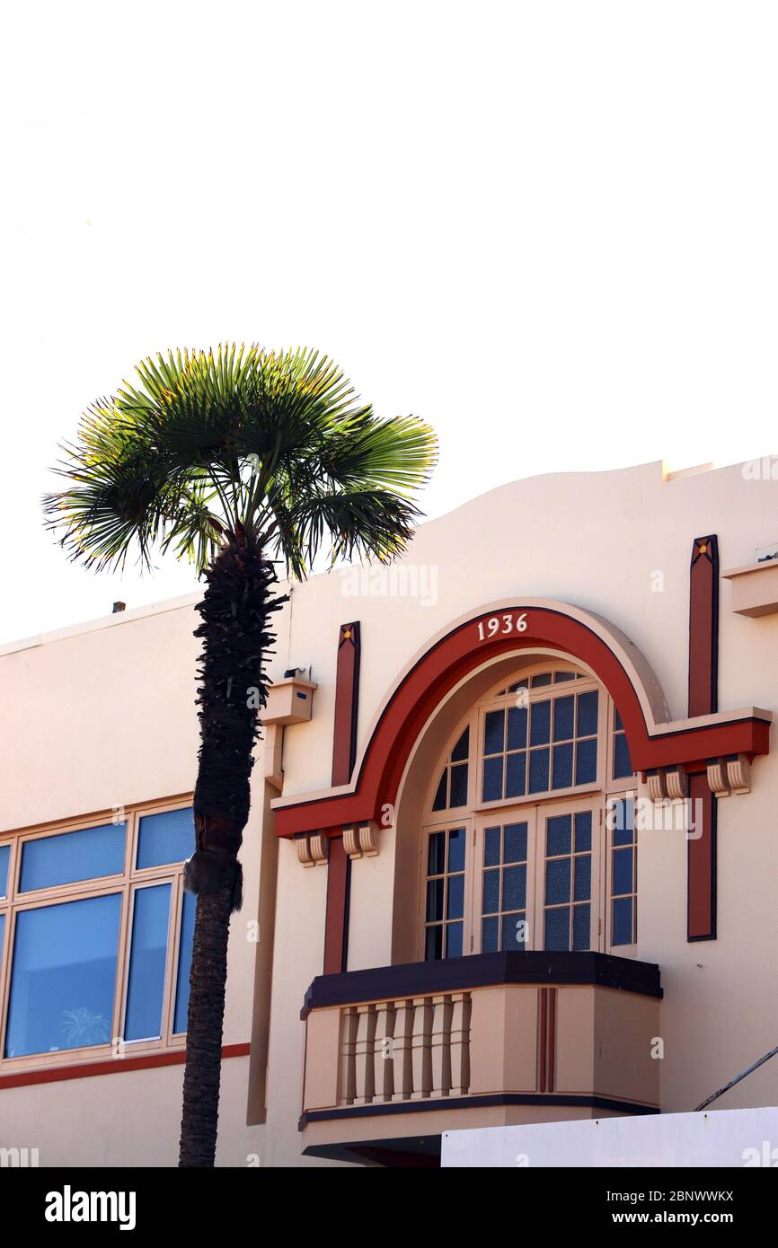 Art Deco 1930s architecture. Facade of a stylish building built after the 1931 earthquake in Napier, Hawke's Bay, North Island, New Zealand. No people Stock Photo