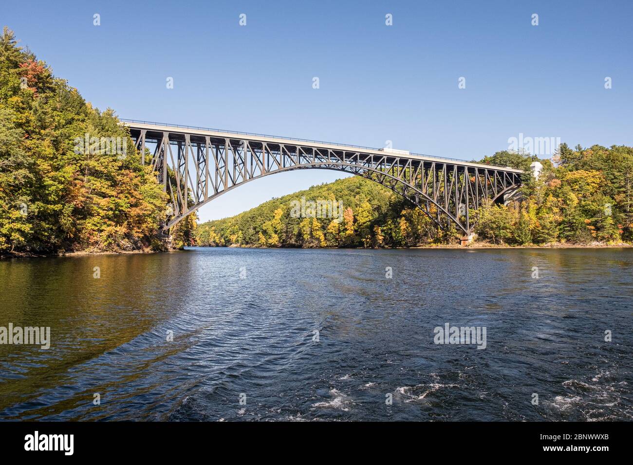 The French King Bridge crosses the Connecticut River between Erving and Gill, Massachusetts Stock Photo