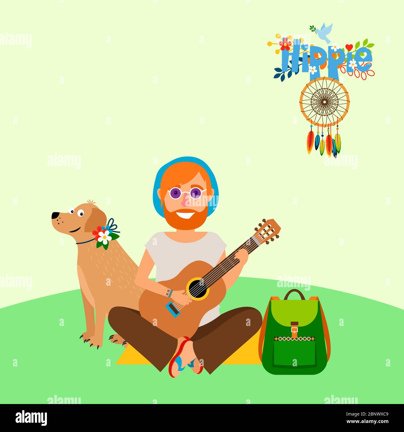 Hippie vector illustration. Barefoot man with dog and backpack sitting