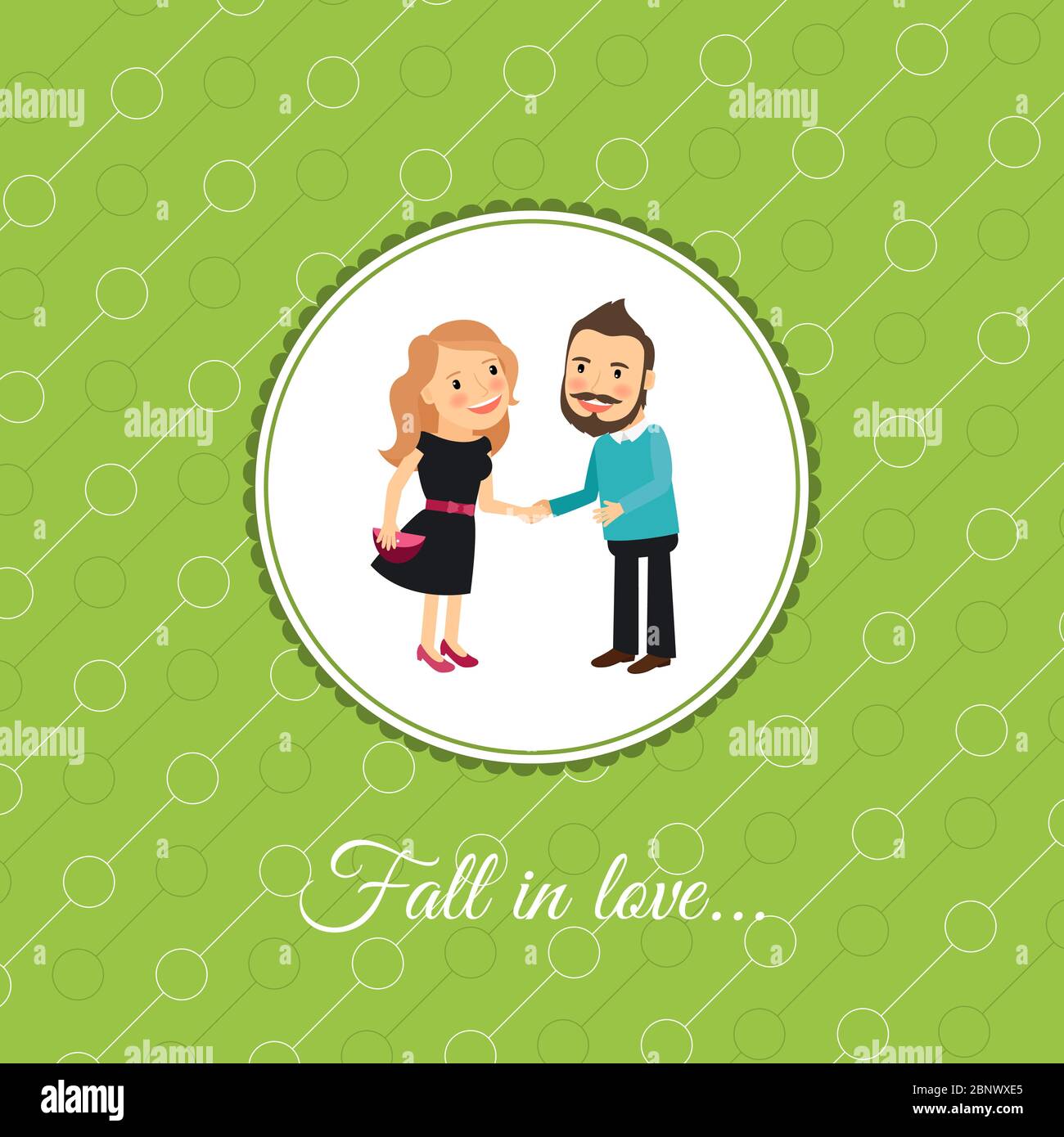 Fall in love couple, valintines day card template with green background. Vector illustration Stock Vector