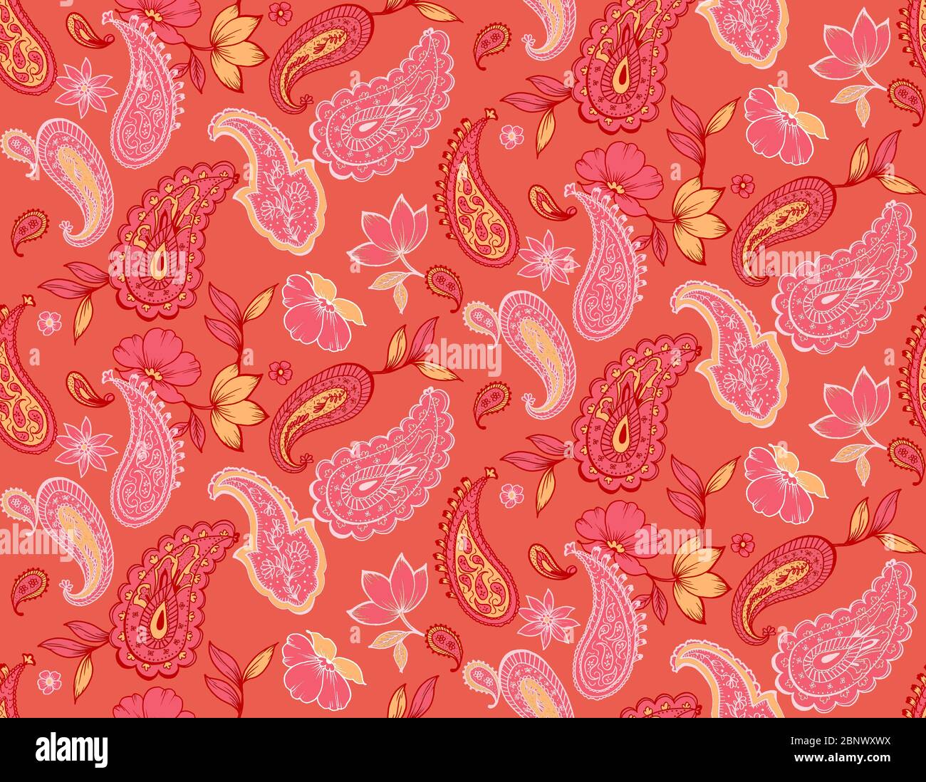 Seamless pattern based on ornament paisley Bandana Print. Boho vintage style background. Silk scarf pattern design style. Stock Photo
