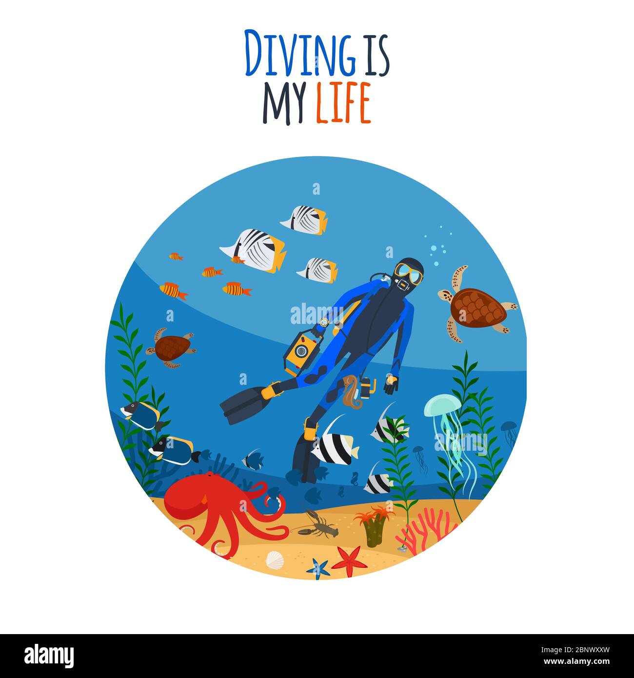 Diving is my life illustration. Diver underwater circle isolated icon. Vector illustration Stock Vector