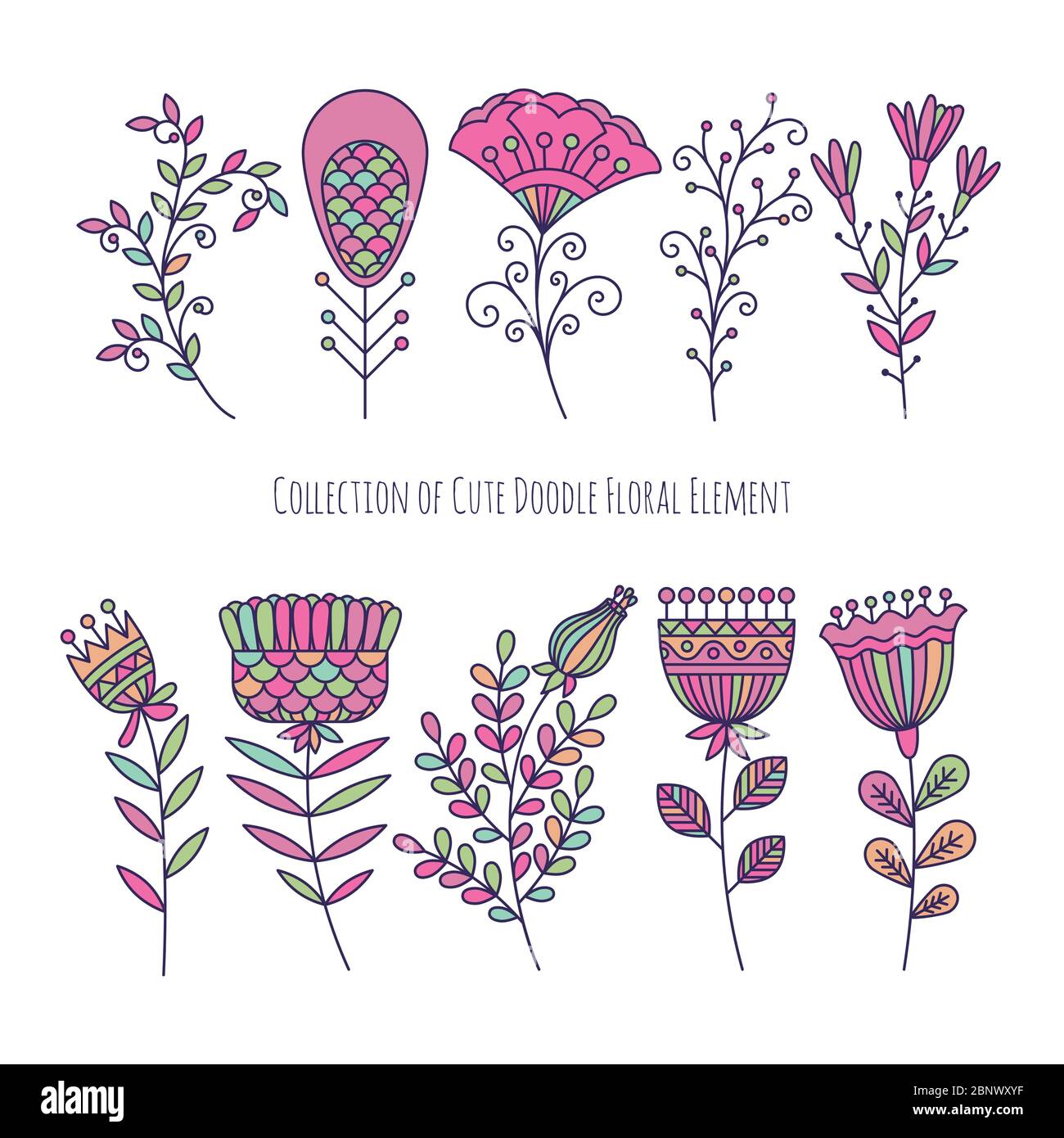 Collection of colorful cute doodle floral elements. Vector illustration ...