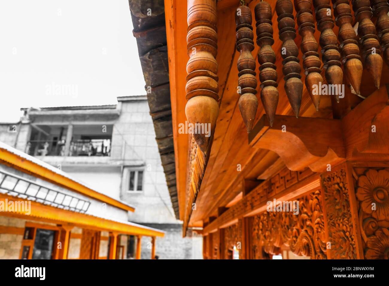 Two point perspective of ancient architecture of a Hindu temple situated in Vashishtha, Old Manali, built thousands of years ago. Stock Photo