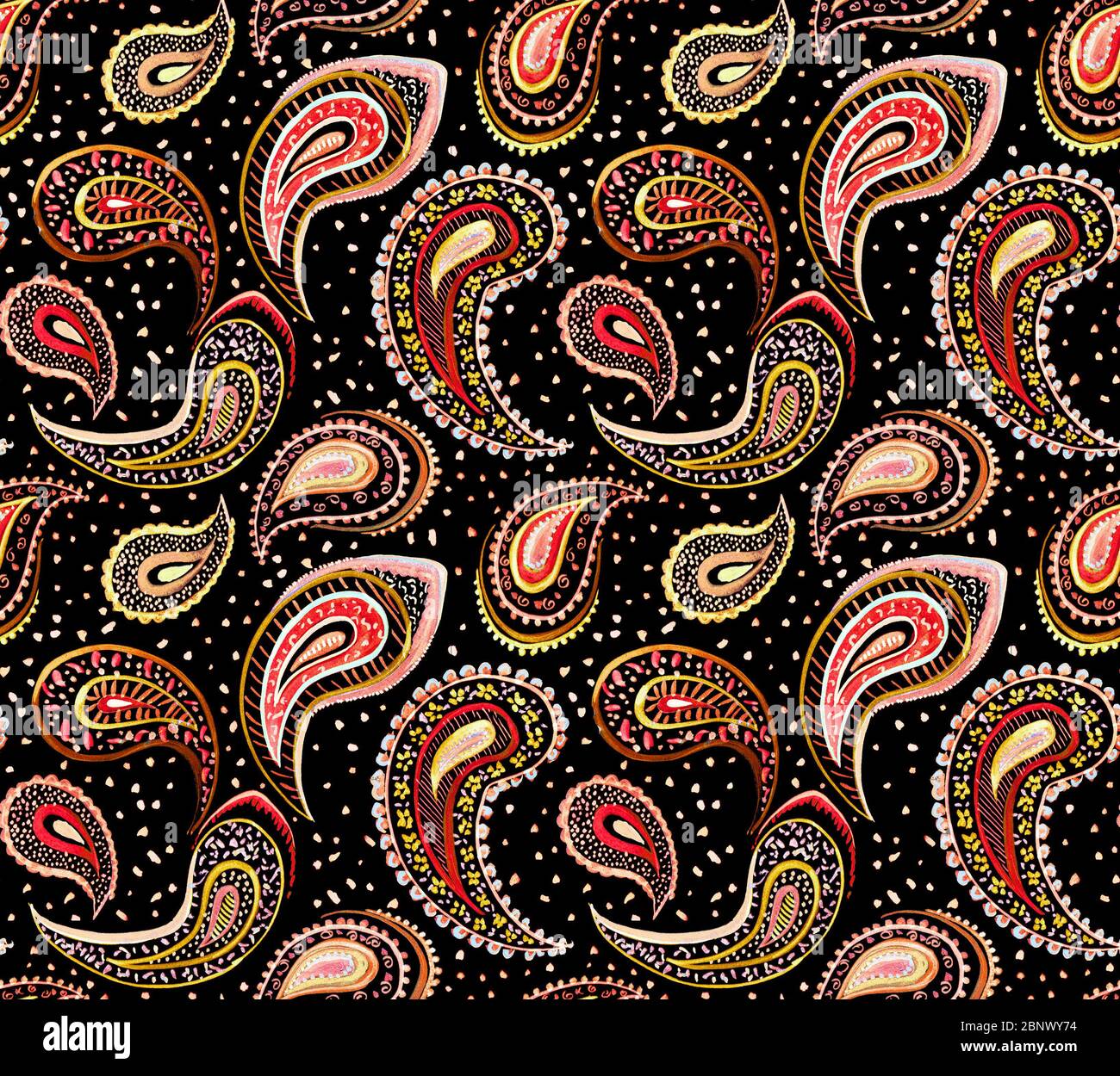 Seamless decorative paisley pattern with black background Ready for textile prints. Stock Photo