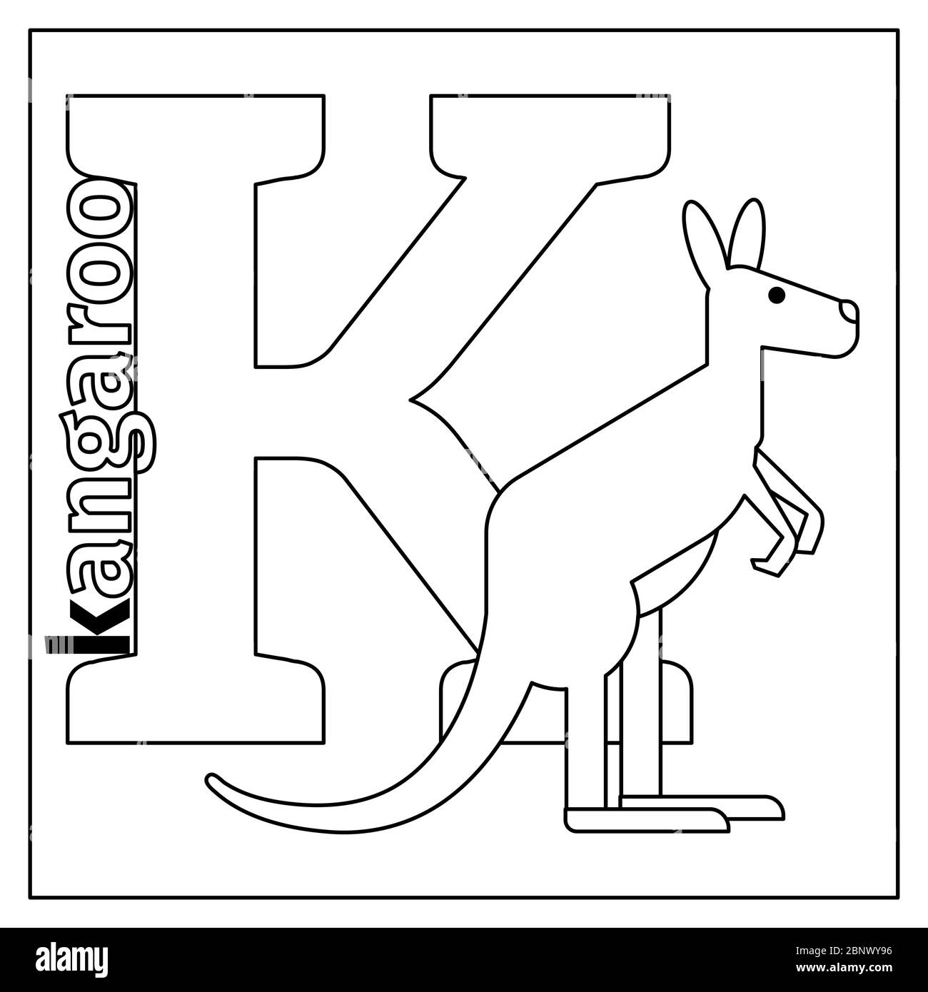 Coloring page or card for kids with English animals zoo alphabet. Kangaroo, letter K vector illustration Stock Vector