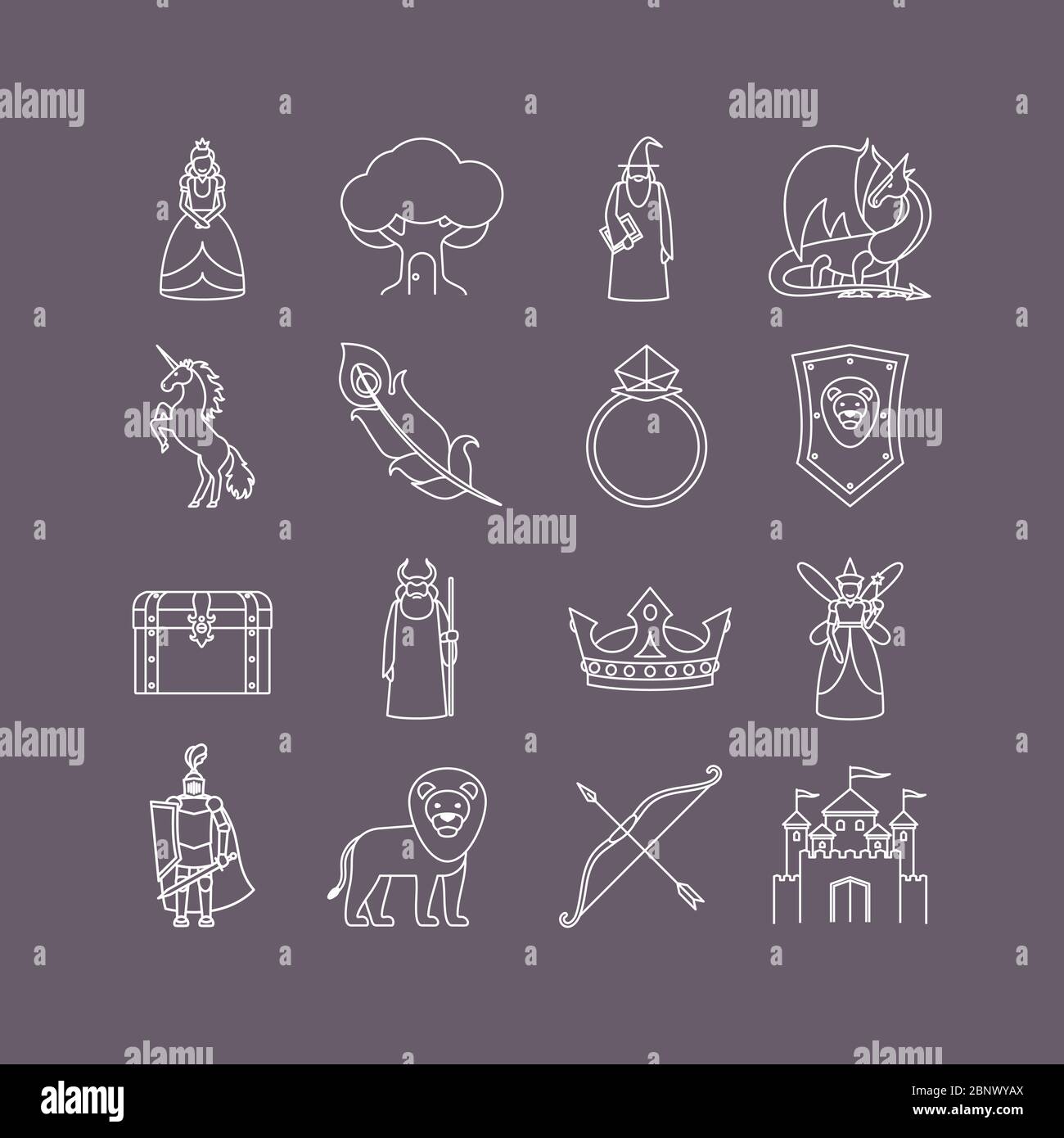 Fairy tale thin line art white icon set. Vector illustration Stock Vector