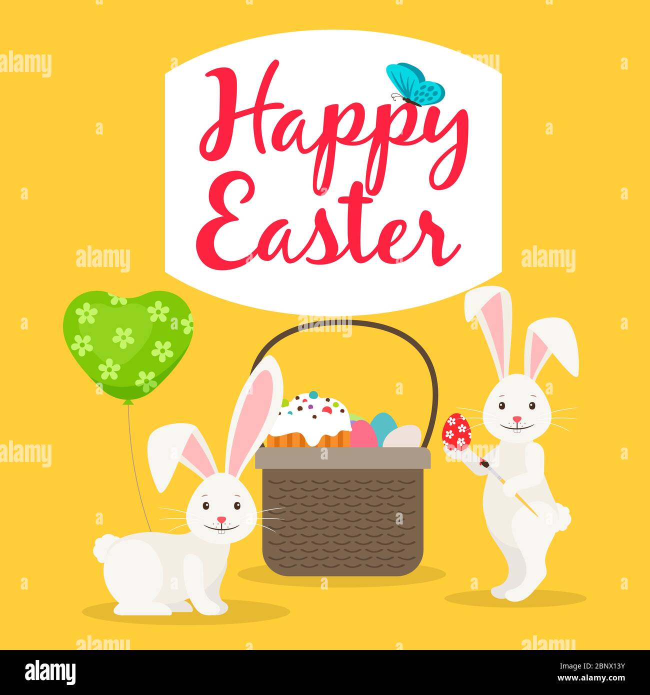 Happy easter greeting card template with Easter basket and rabbits ...