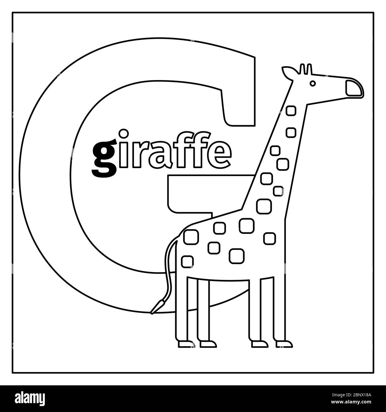 Coloring page or card for kids with English animals zoo alphabet. Giraffe, letter G vector illustration Stock Vector