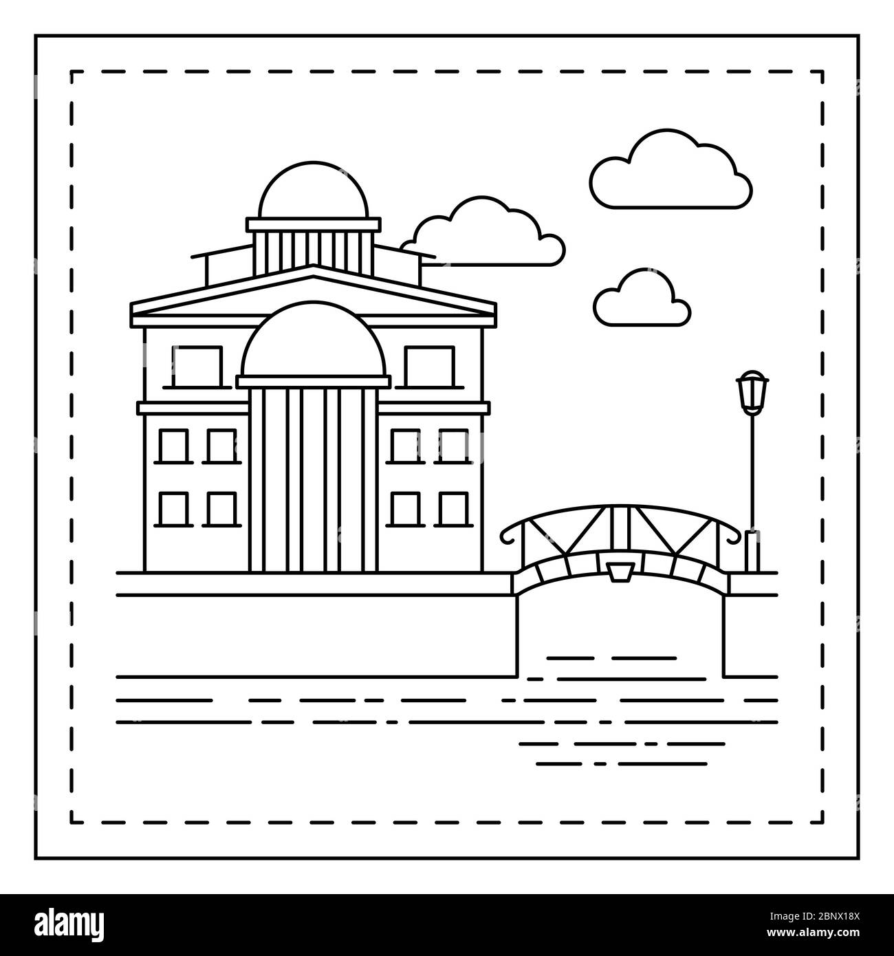 Coloring page for kids with house and bridge. Vector illustration Stock Vector