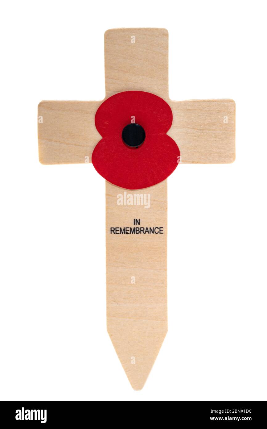 Red paper poppy on a remembrance day wooden cross - white background Stock Photo
