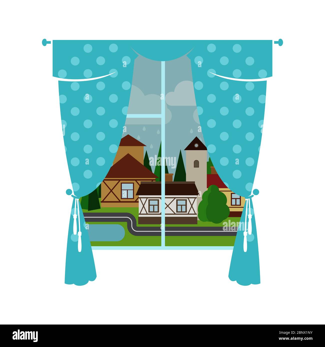 Cute blue window curtain with rainy city landscape. Vector illustration Stock Vector