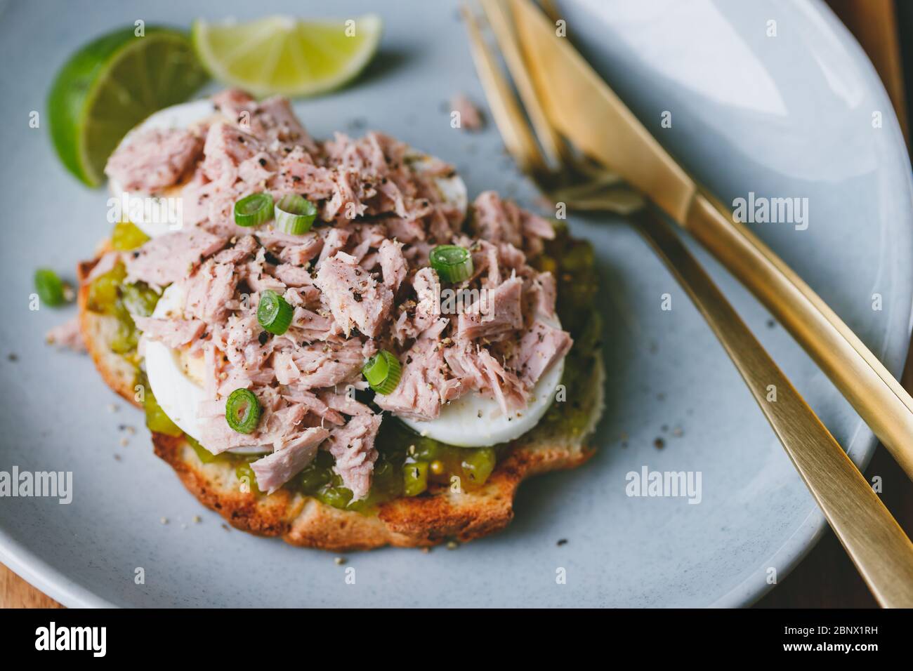 Open sandwich with canned tuna, egg and pickled cucumber dressing