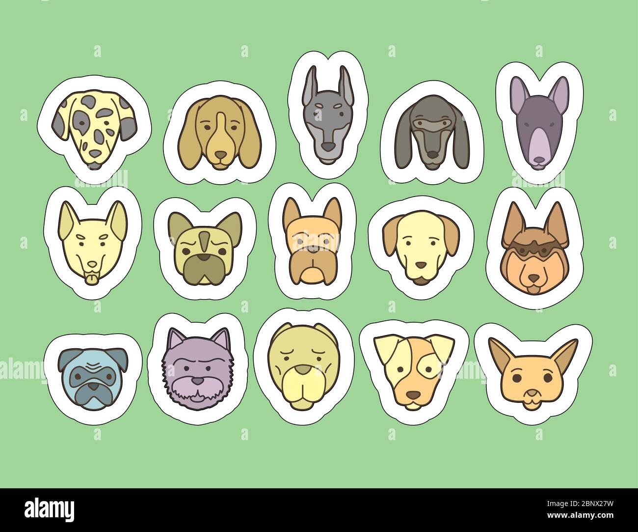 Head of dog and puppy set. Vector hand drawn dog breeds stickers Stock ...