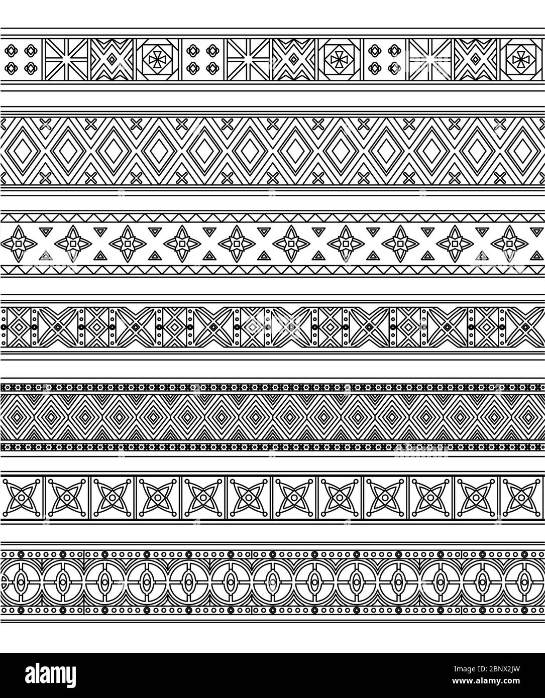 Black outline embroidery borders set with traditional design. Vector