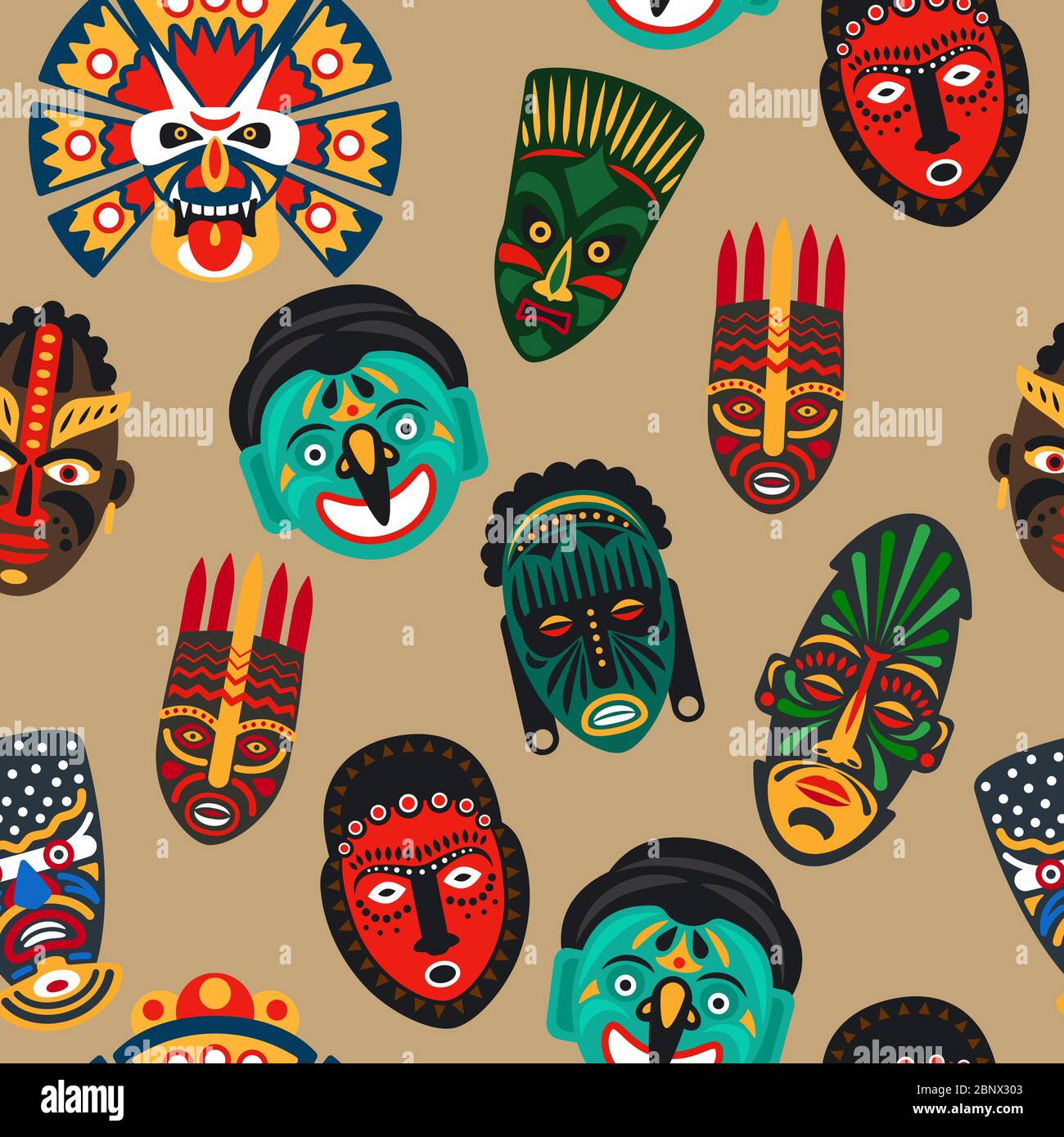 Vector illustration african tribal colorful mask seamless pattern Stock Vector